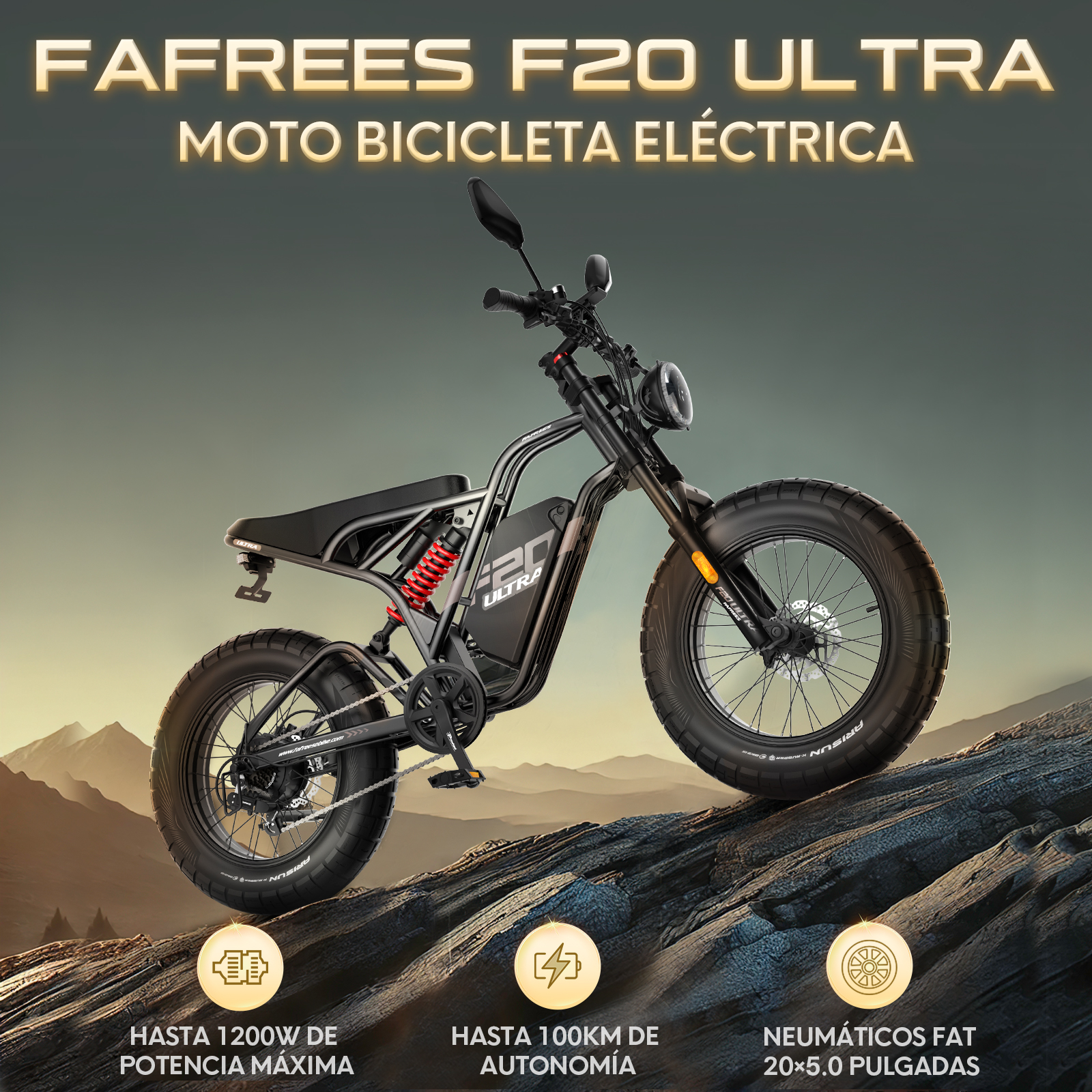Motocicleta eléctrica negra Fafrees F20 Ultra. Tiene neumáticos grandes y una pantalla digital, en una carretera.