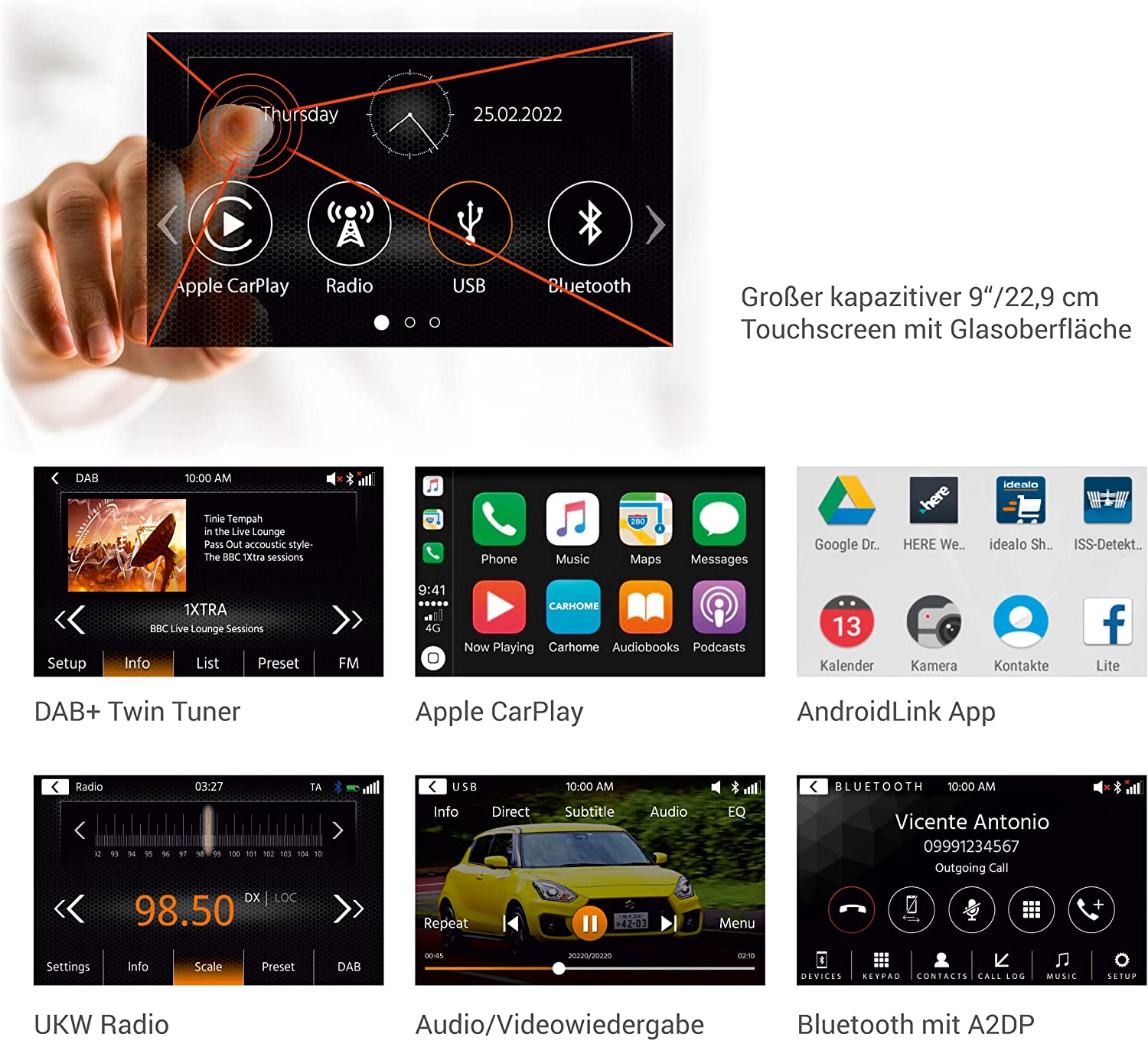 Autoradio-Touchscreen, der Zeit und App-Oberflächen anzeigt.