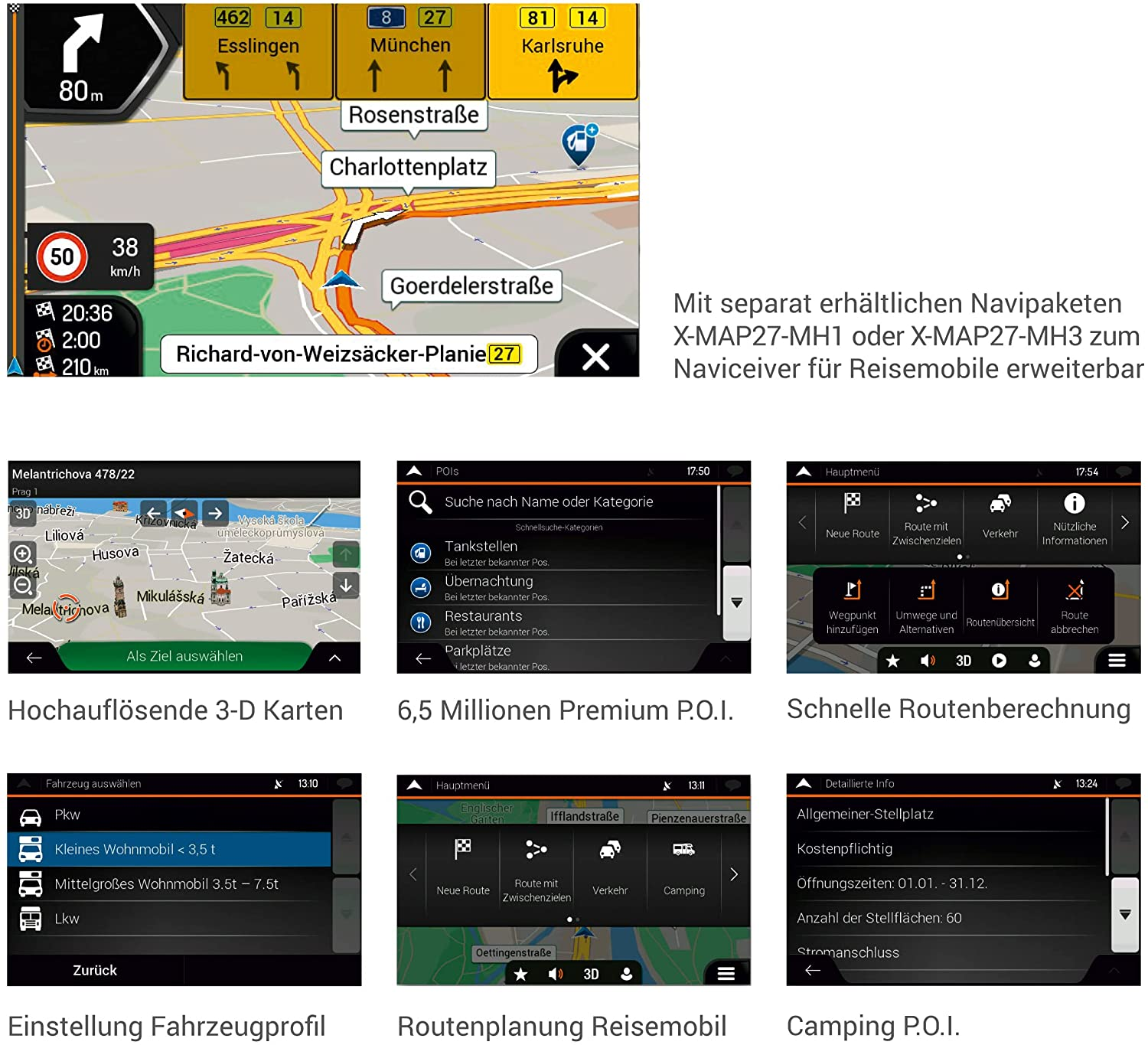 Mehrere Screenshots eines GPS-Navigationssystems mit Kartendetails, Routenplanung und Informationsanzeigen.