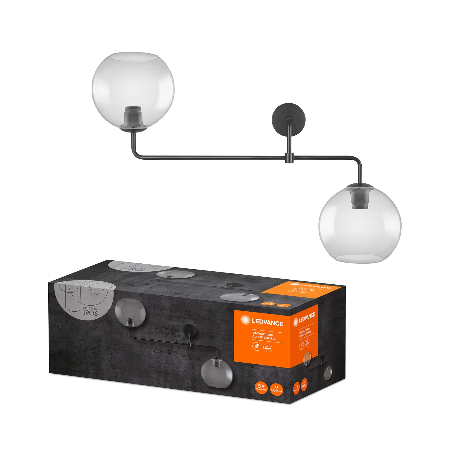 Schwarze, moderne Wandleuchte mit zwei Glaskugeln, über der Box derselben Lampe. Weißer Hintergrund.