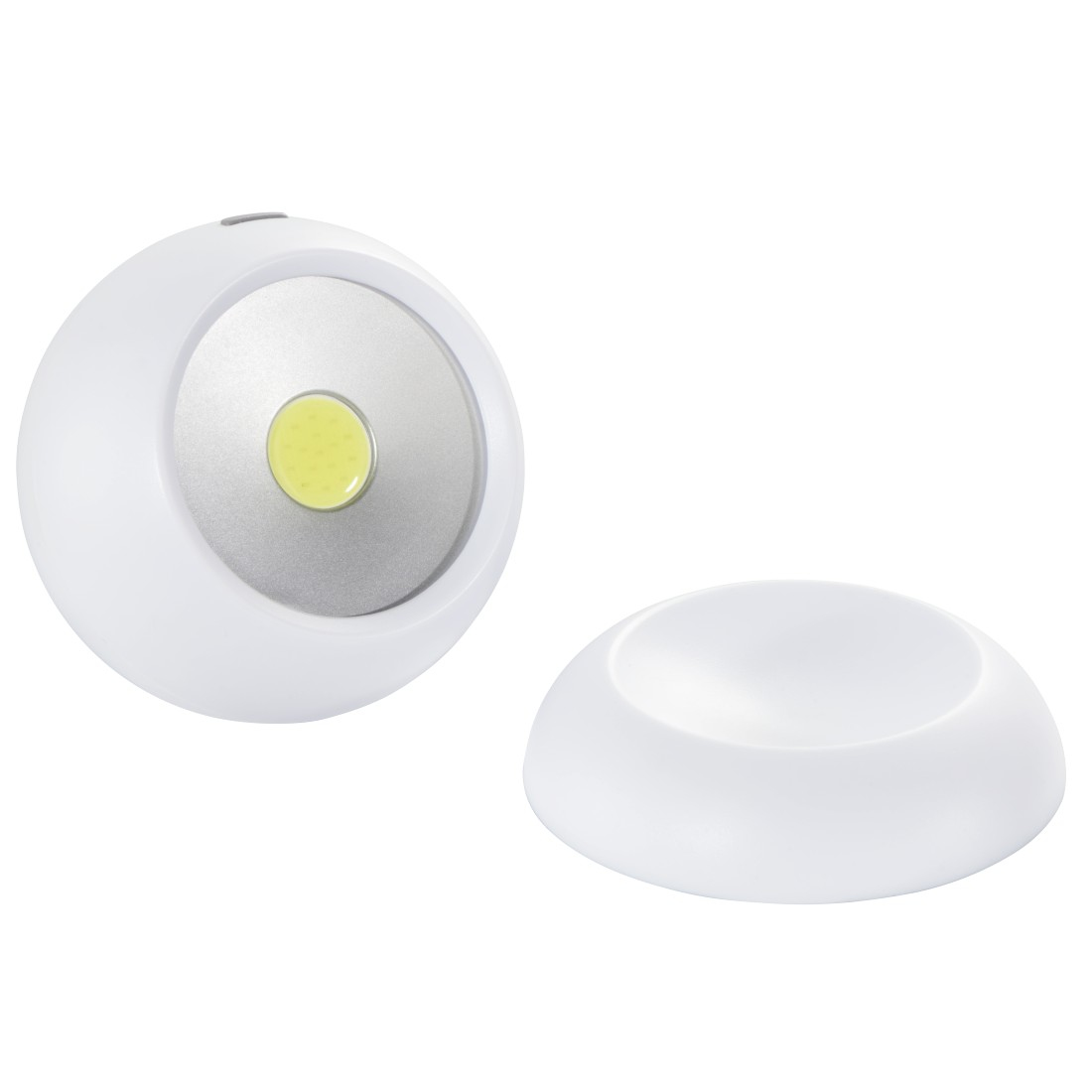 Weißes, rundes, kabelloses LED-Licht mit kleinerem, separatem Sockel, isoliert auf Weiß.