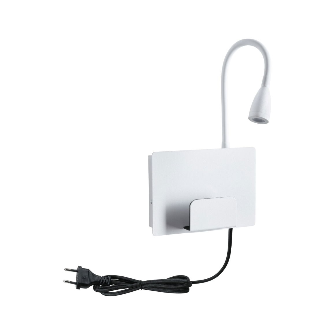 Weiße Wandleuchte mit flexiblem Hals und schwarzem Kabel mit Stecker und eingebautem Regal.