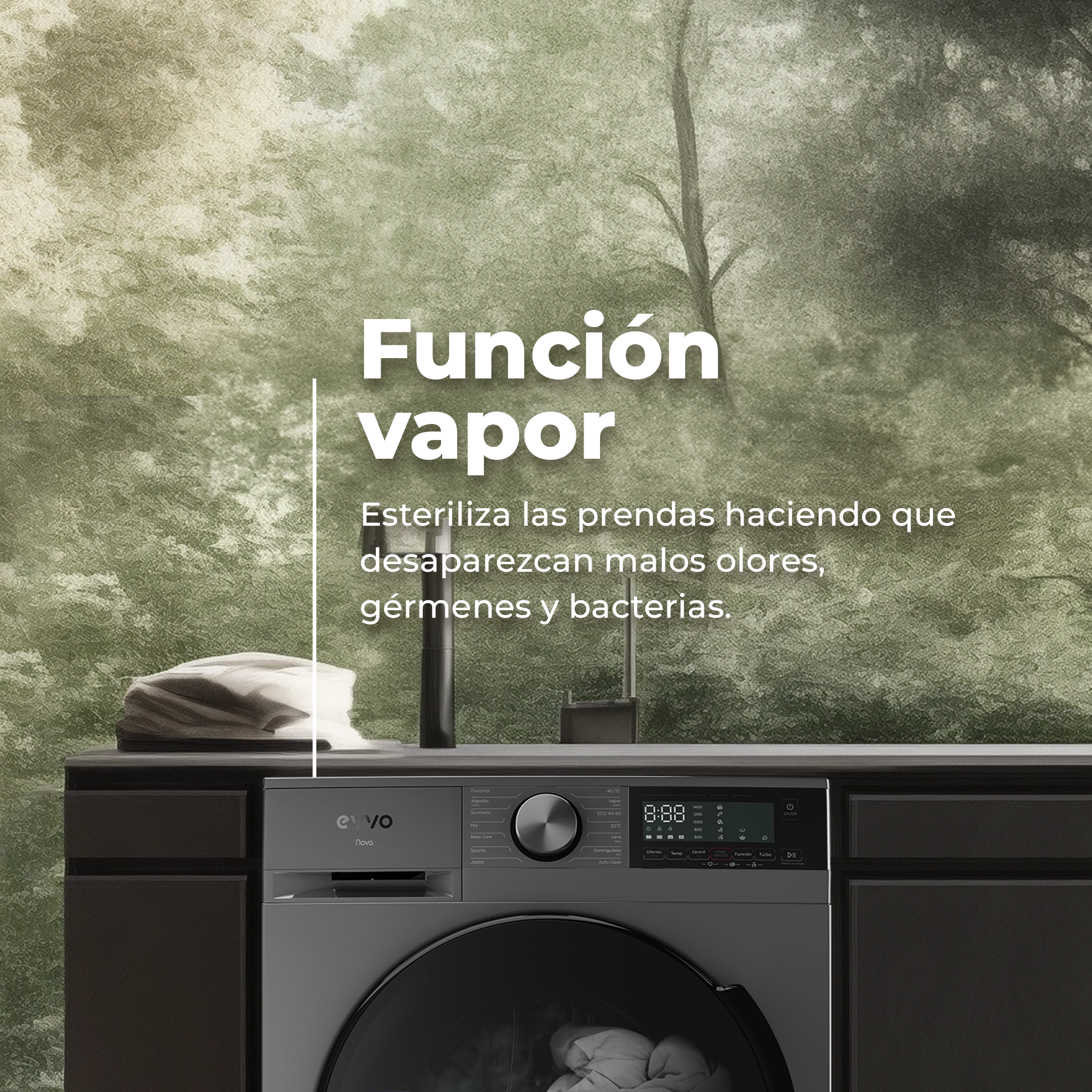 Lavadora en cocina. Texto: Función vapor, esteriliza la ropa.