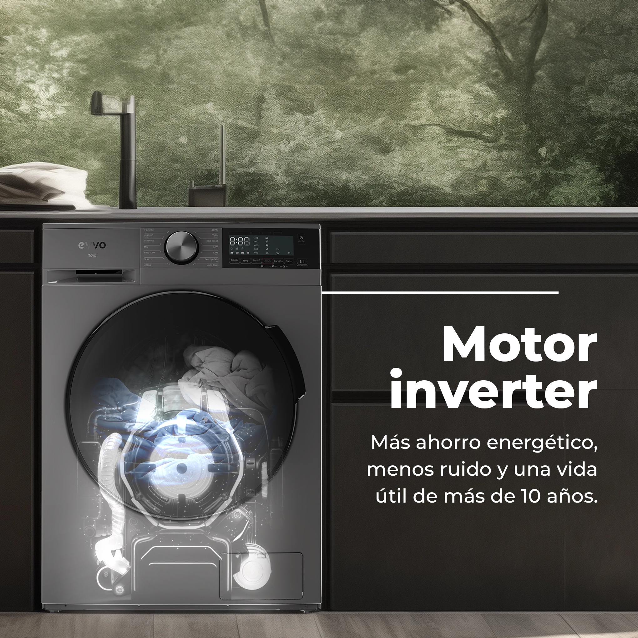 Lavadora en cocina con vista translúcida del motor. Texto: Motor inversor.