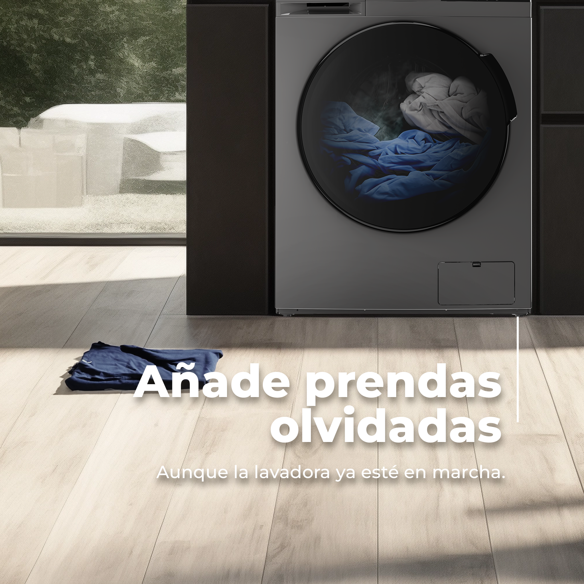 Lavadora con camisa en el suelo. Texto: 'Añadir prendas olvidadas'.