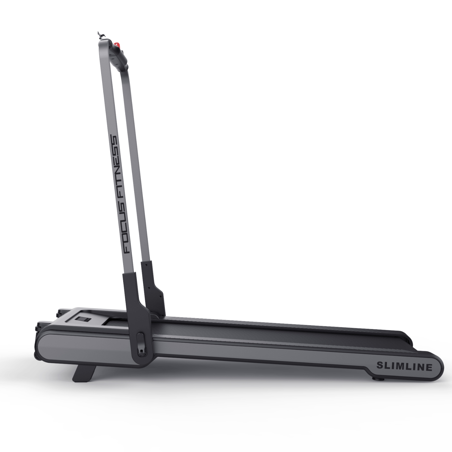A slimline treadmill, gray and black, side view, on a white background.