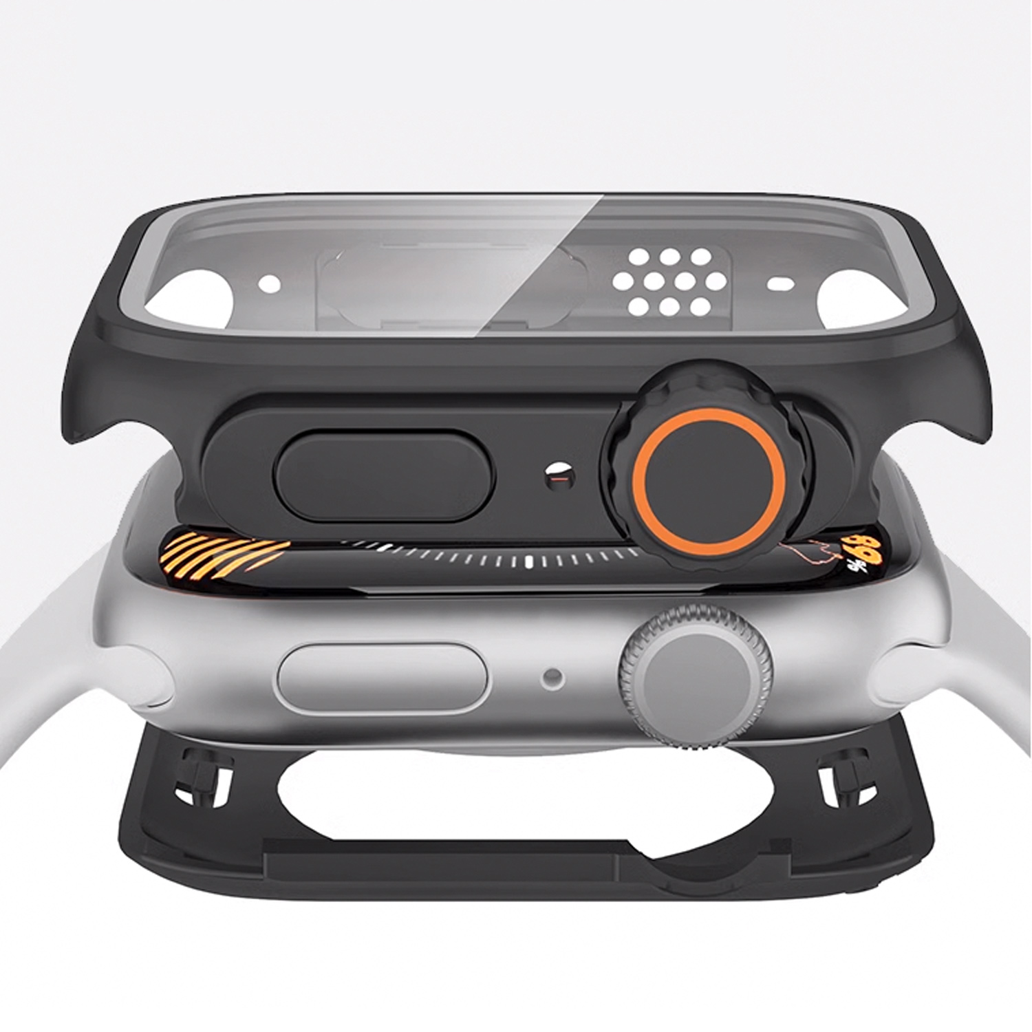 Smartwatch z czarną i pomarańczową obudową. Srebrny pasek z czarną i pomarańczową ramką na górze. Białe tło.