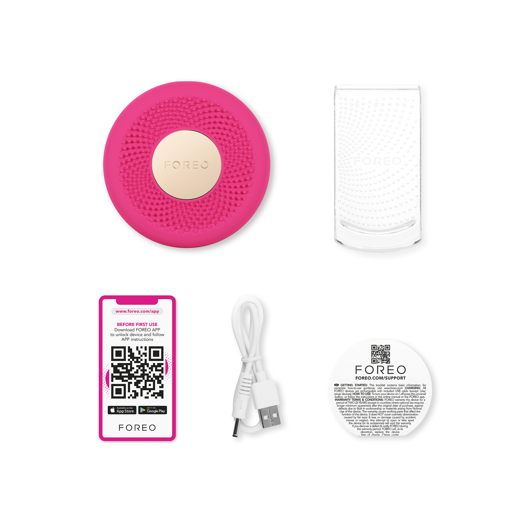 Afbeelding toont een Foreo gezichtsverzorgingsapparaat, een oplaadstandaard, een kabel en productinfo.