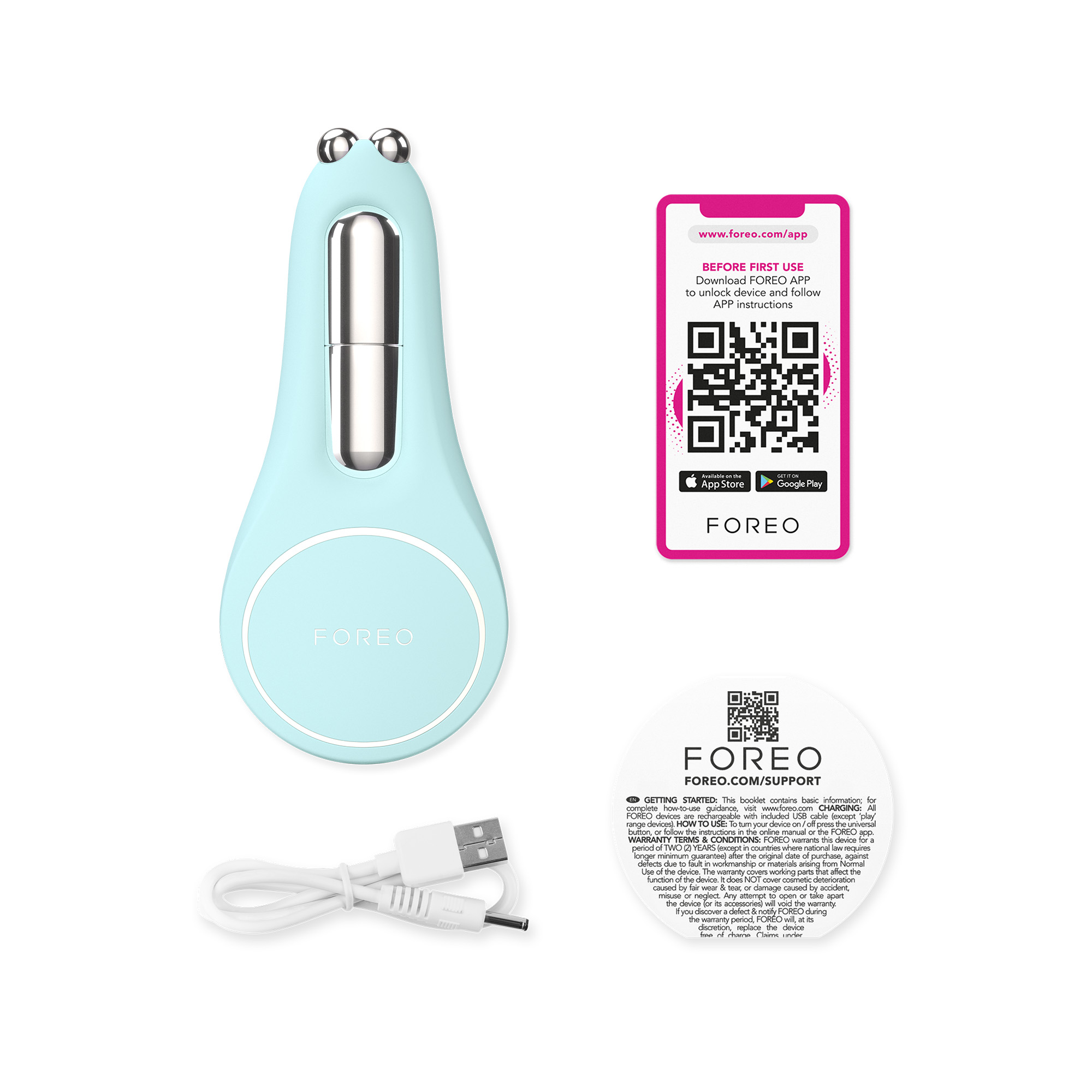 A blue Foreo device with accessories.