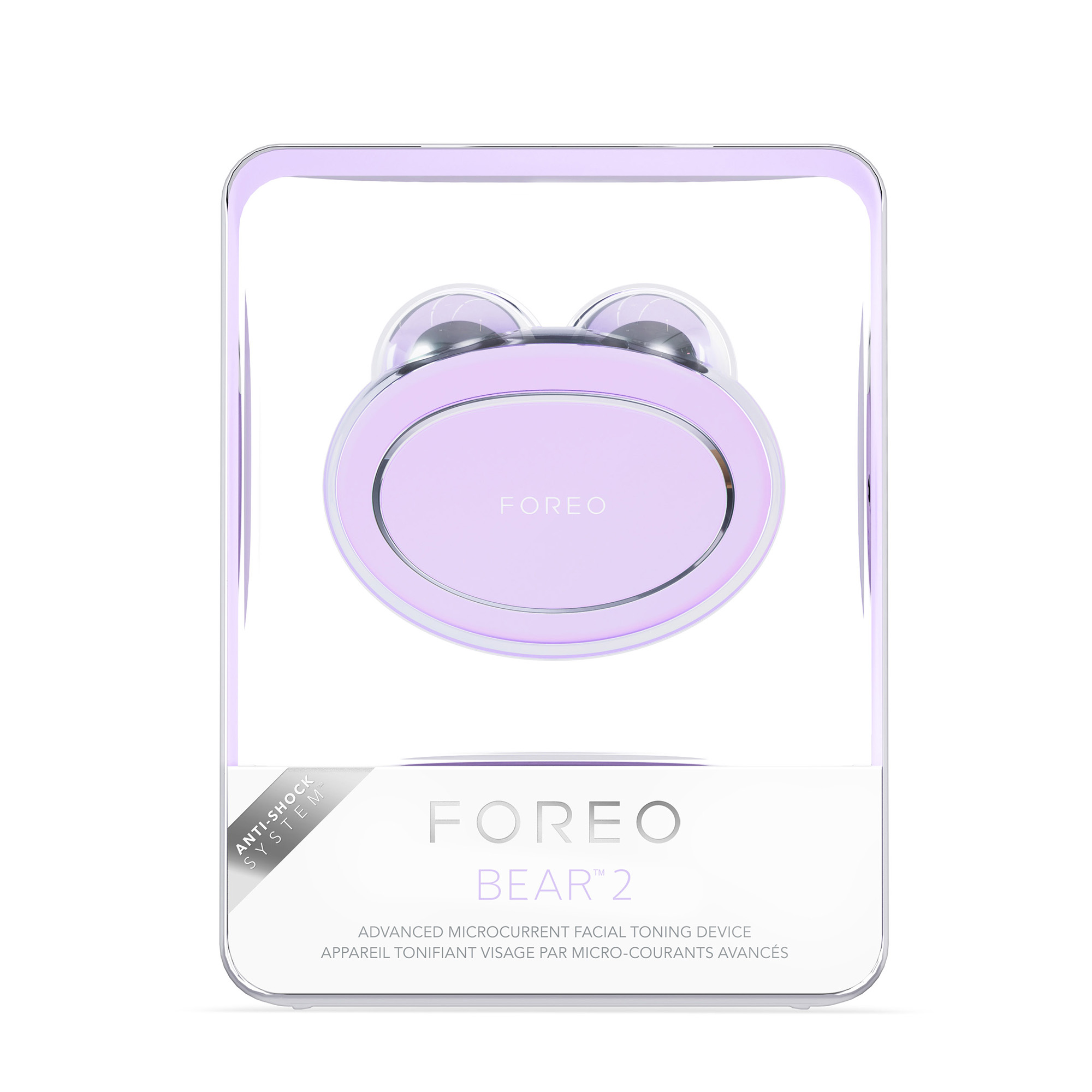 Image montre un appareil Foreo Bear 2 dans son emballage. L'appareil est de couleur lavande.