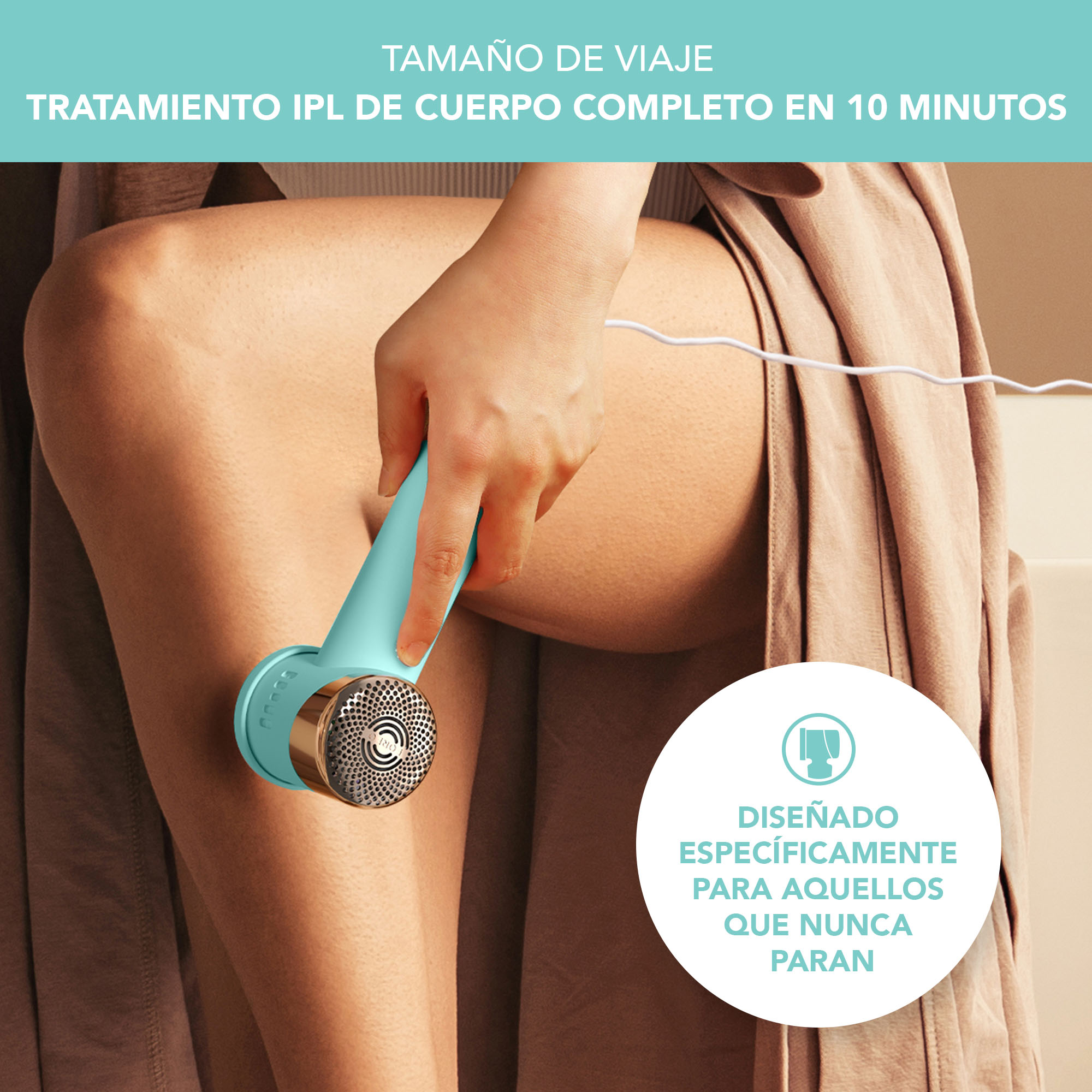 Woman using a hair removal device on her leg. The device is light blue.