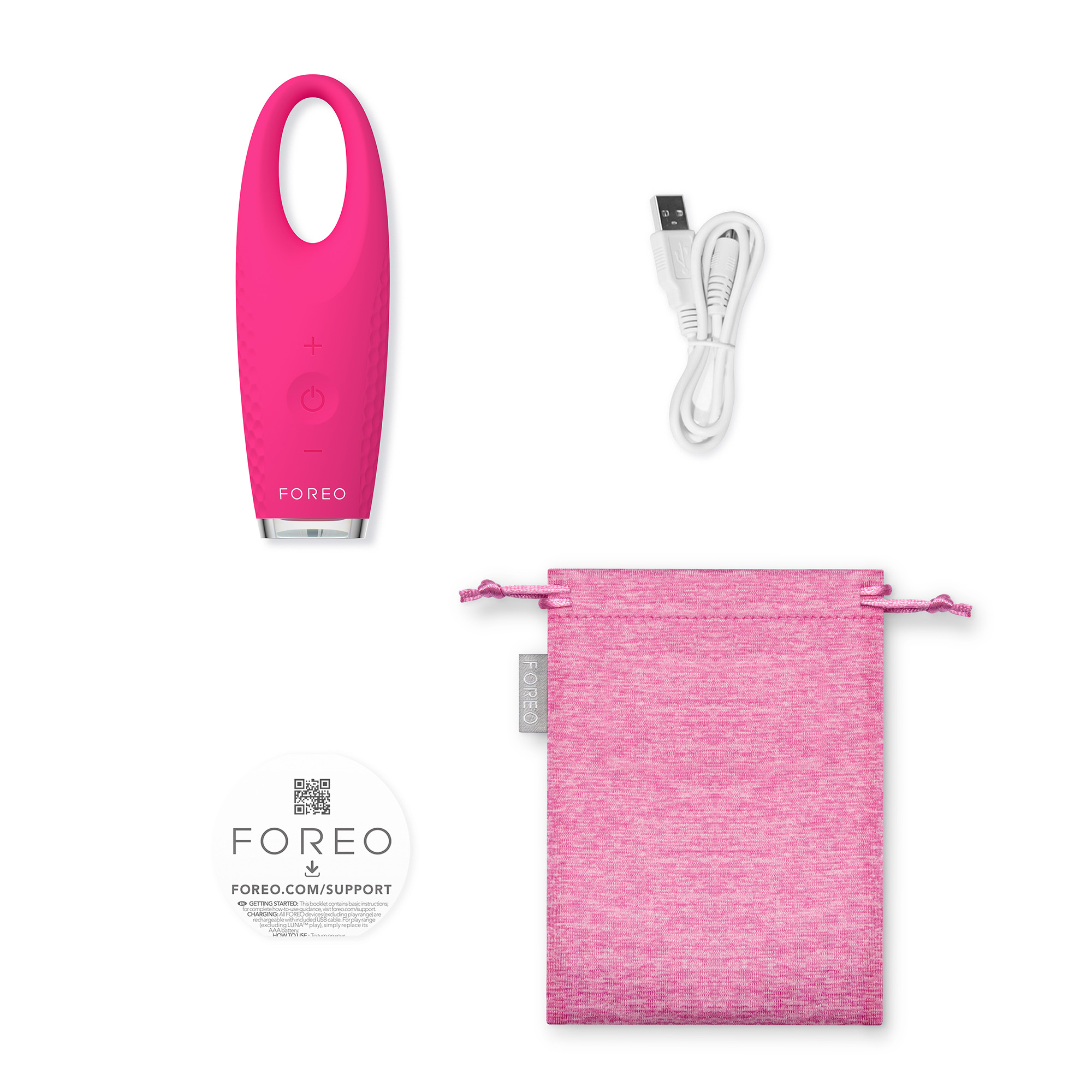 Appareil Foreo rose et accessoires : chargeur, sac et code QR de support.