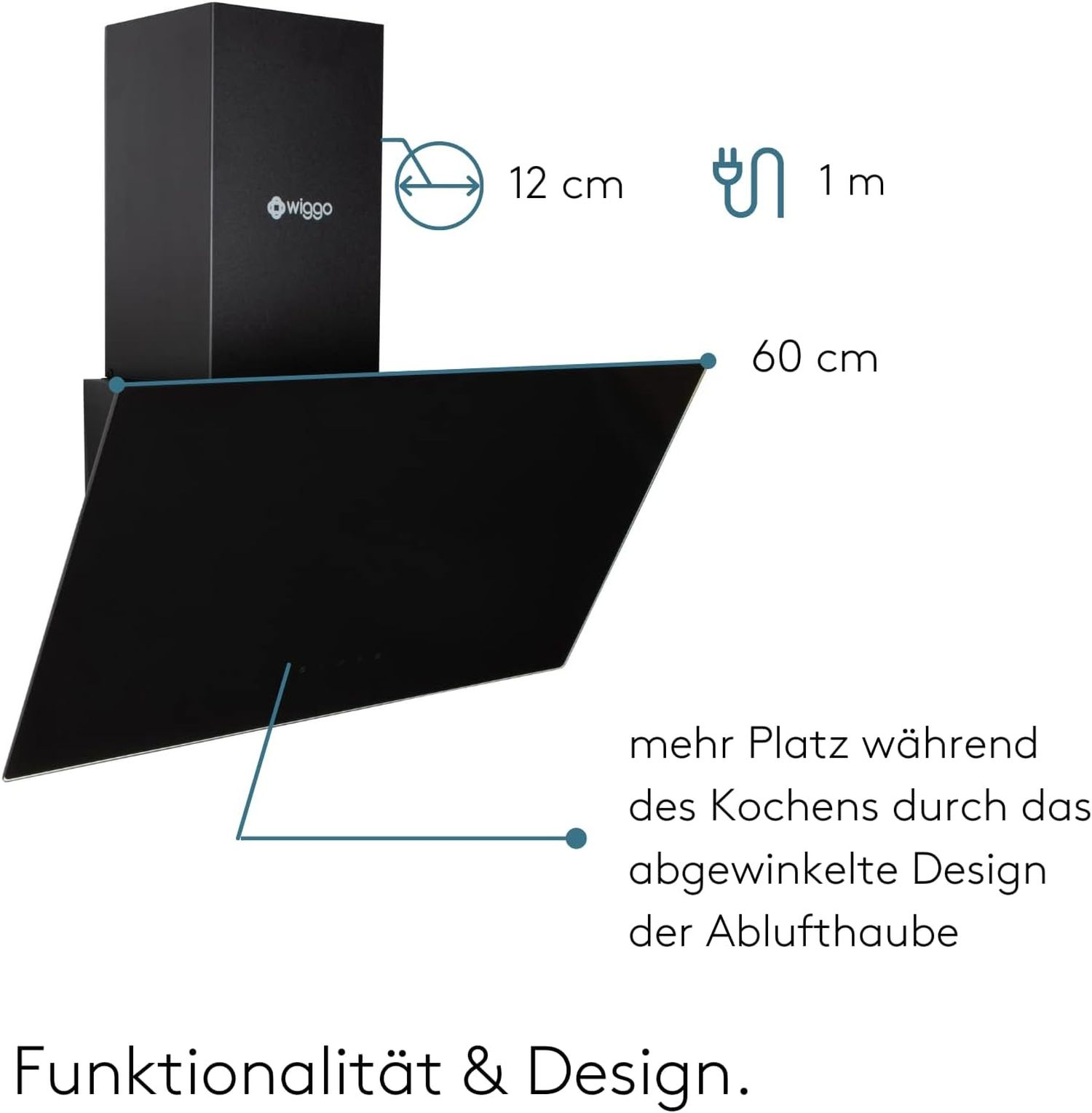 Schwarze Dunstabzugshaube mit Maßen und Text über abgewinkeltes Design und Kochbereich.