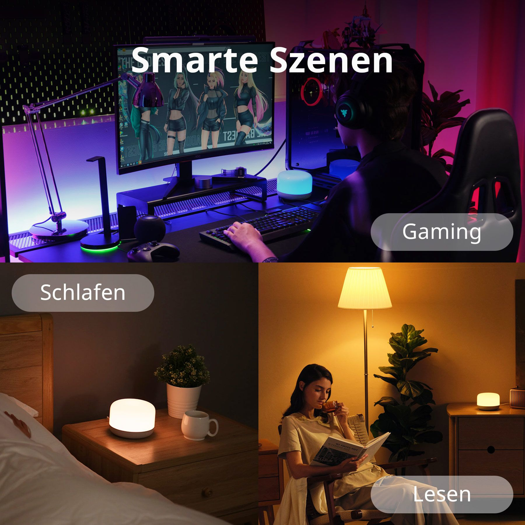 Vier Bilder mit verschiedenen Smart-Szenen: Spielen, Lesen, Schlafen, mit Lichtern.