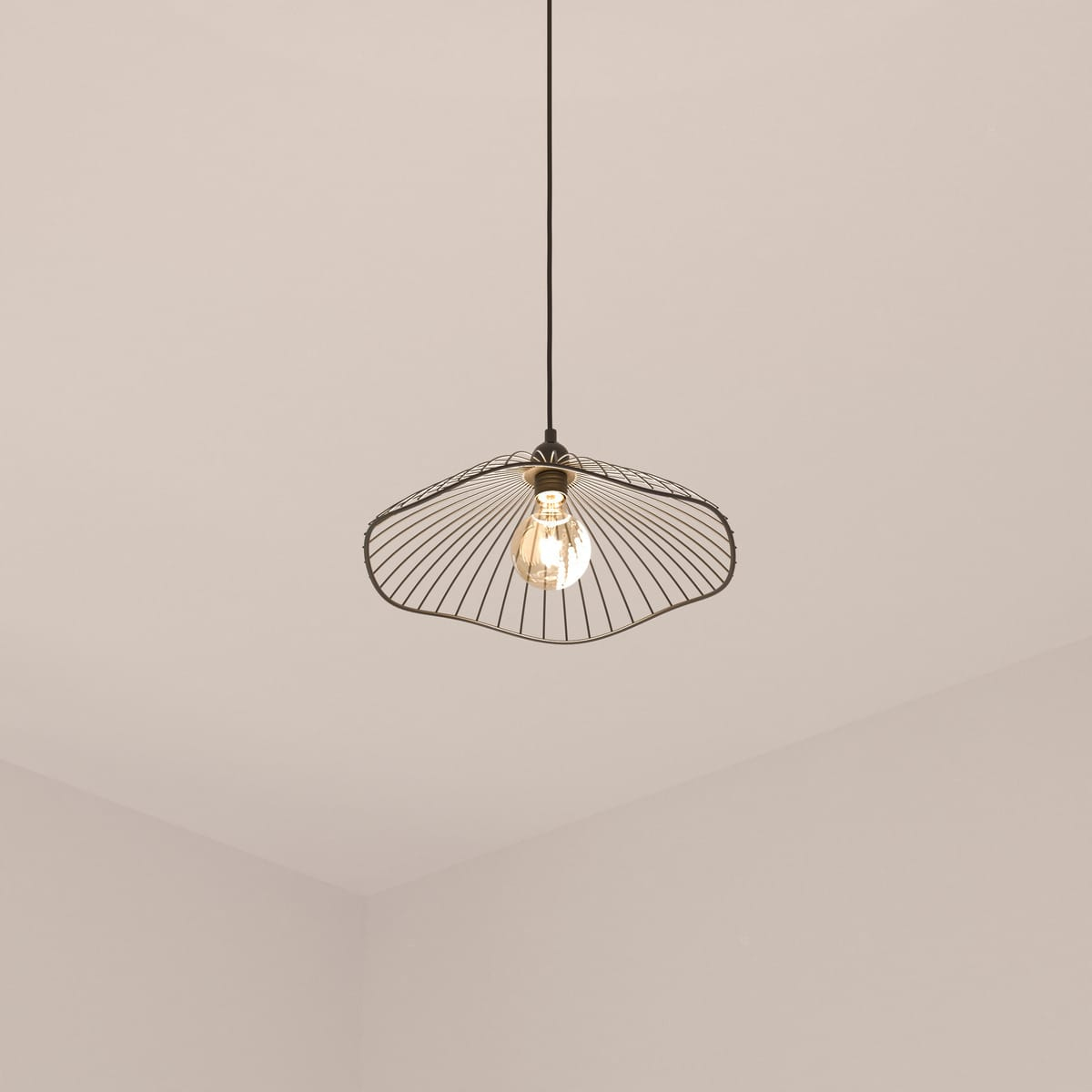 Black, wire-frame pendant lamp with a visible bulb. White background.
