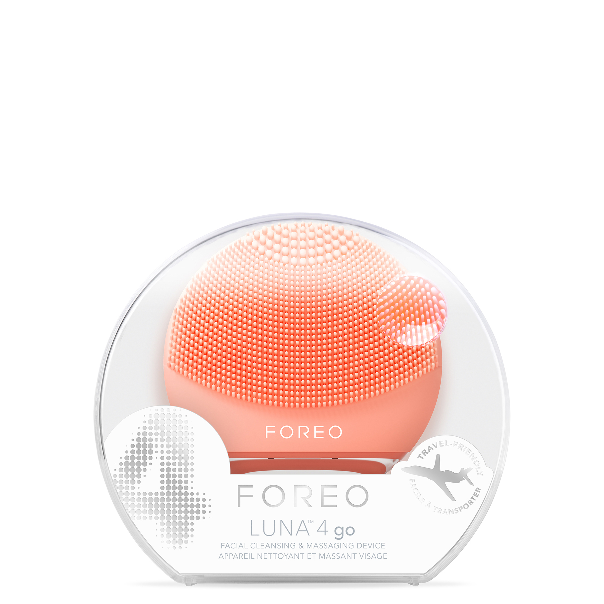 A pink Foreo Luna 4 go facial cleansing device in packaging.
