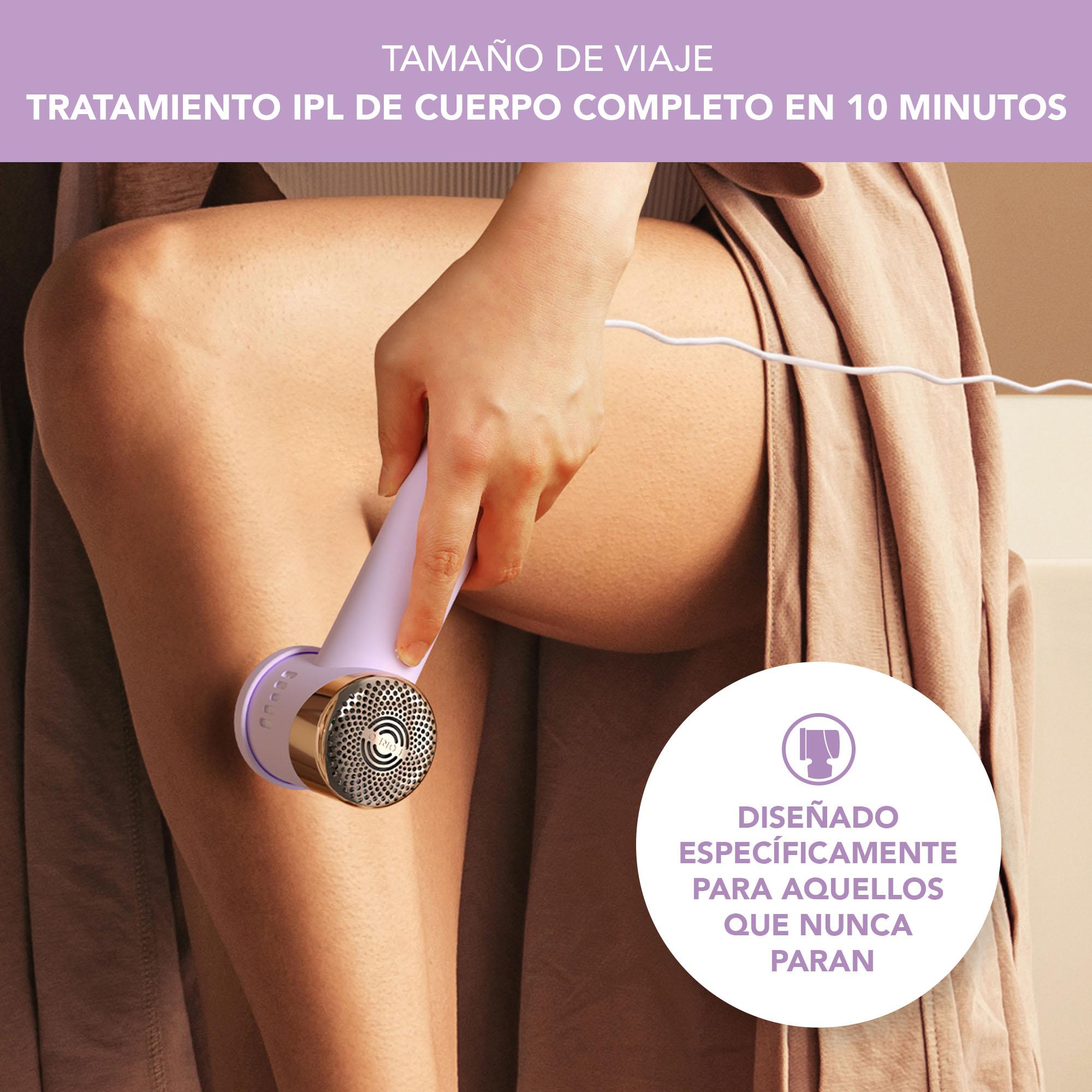 Woman using IPL device on leg. Device is lavender and gold.