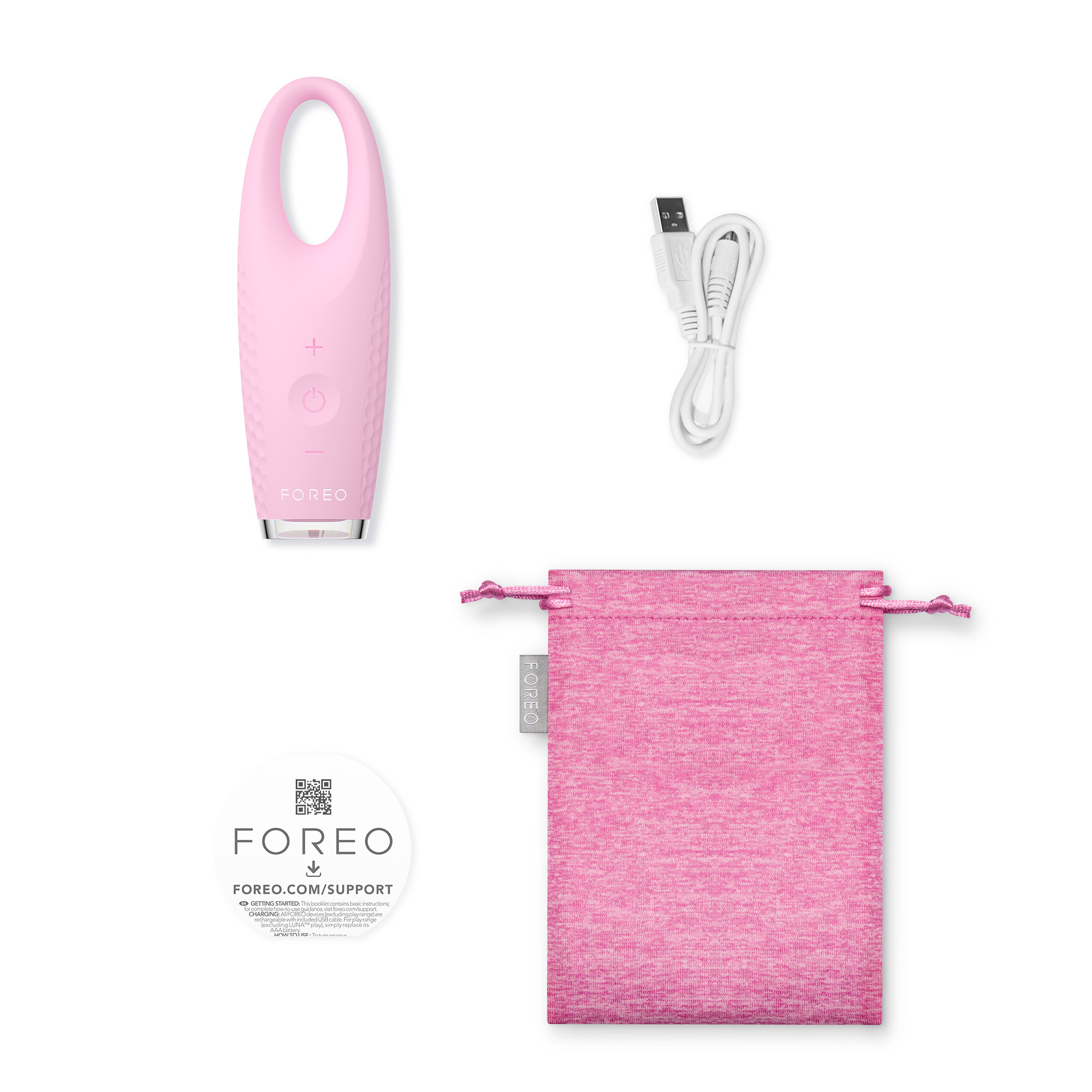 Roze Foreo-apparaat, oplaadkabel en etui, met een supportkaart.