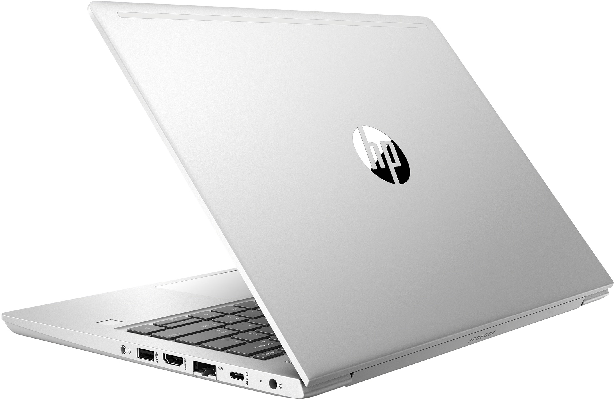 Zilveren HP-laptop met open deksel, achterkant zichtbaar. HP-logo zichtbaar, op een witte achtergrond.