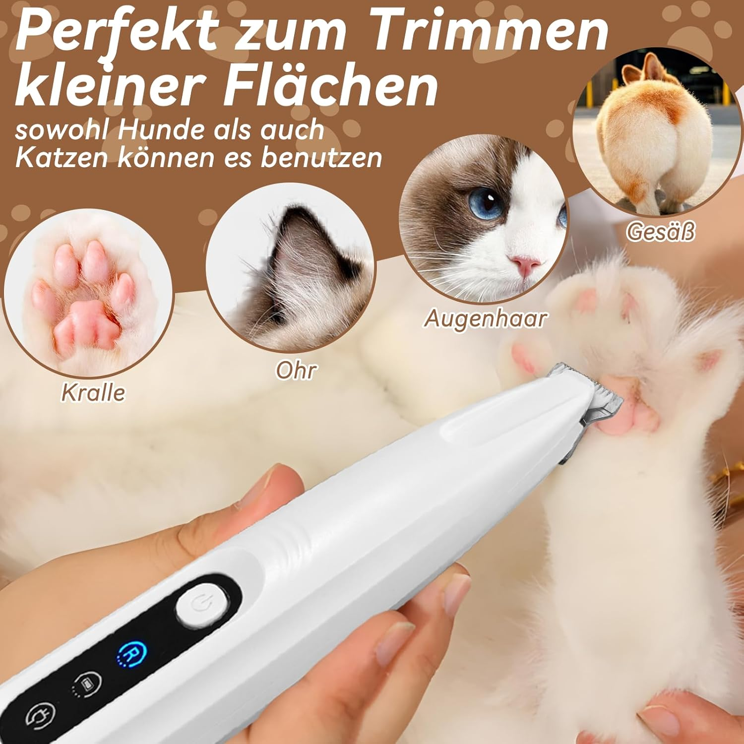 Ein Pflegegerät wird an einer Pfote verwendet, mit Bildern von Haustieren und Körperteilen.