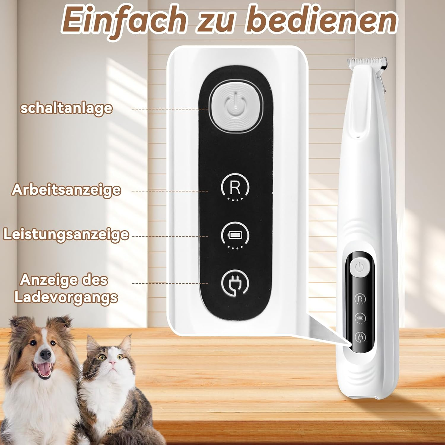 Ein Haustier-Clipper mit Hund und Katze. Einfach zu bedienen, mit Power-Taste.
