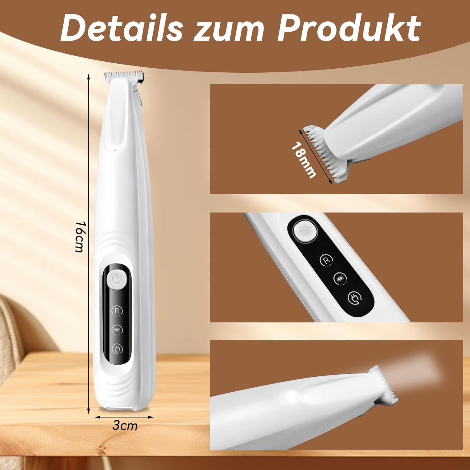 Details zum Produkt, ein weißer Haartrimmer mit Größenangabe, auf braunem Hintergrund.