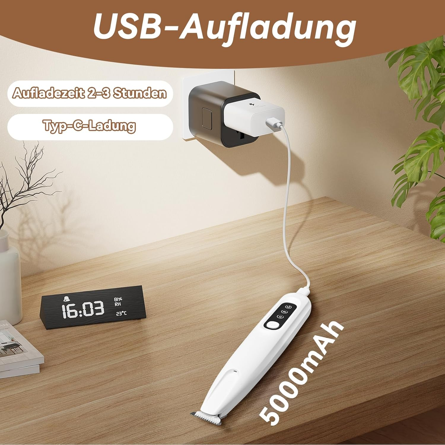 Weißes Pflegegerät, das mit einem USB-Adapter und einer Digitaluhr aufgeladen wird.