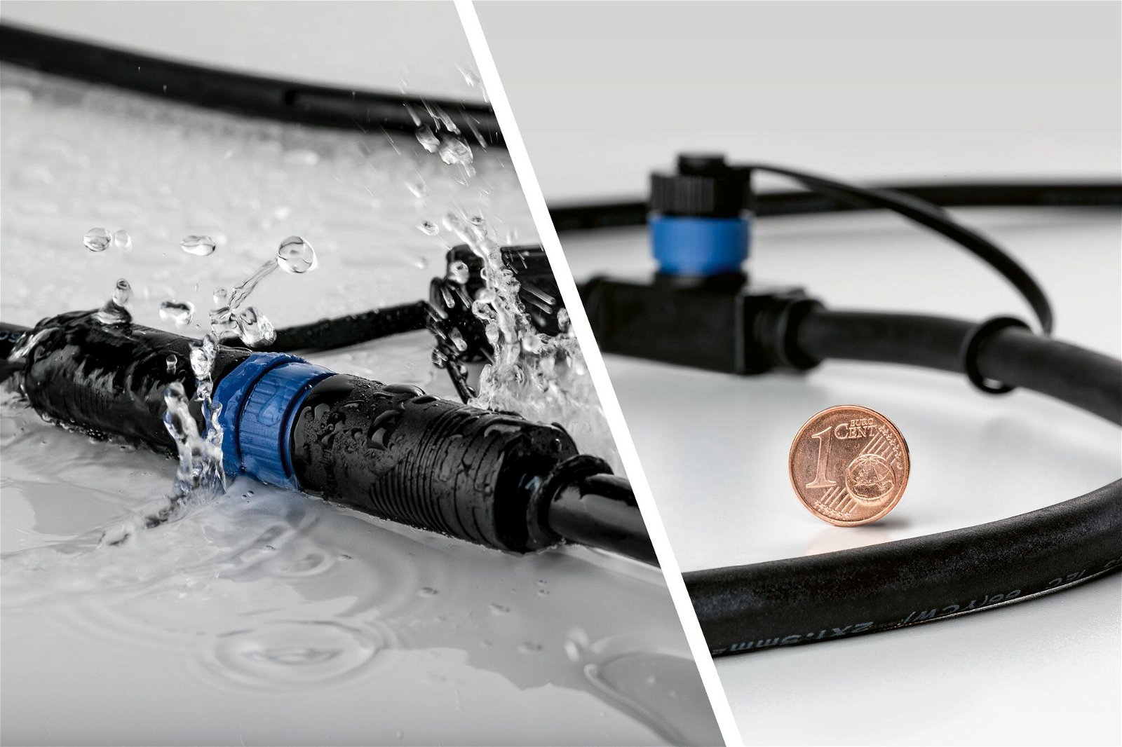 Wasser spritzt über ein schwarzes Kabel mit blauem Stecker. Rechts, Kabel und Münze.