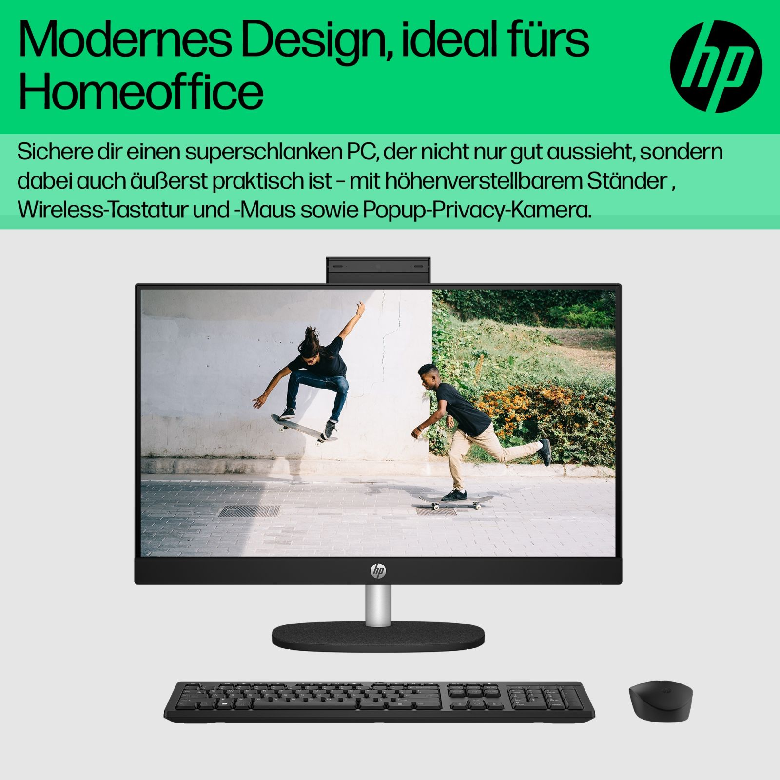 Ekran komputera ze skaterami. Tekst: 'Nowoczesny design, idealny do domowego biura'.