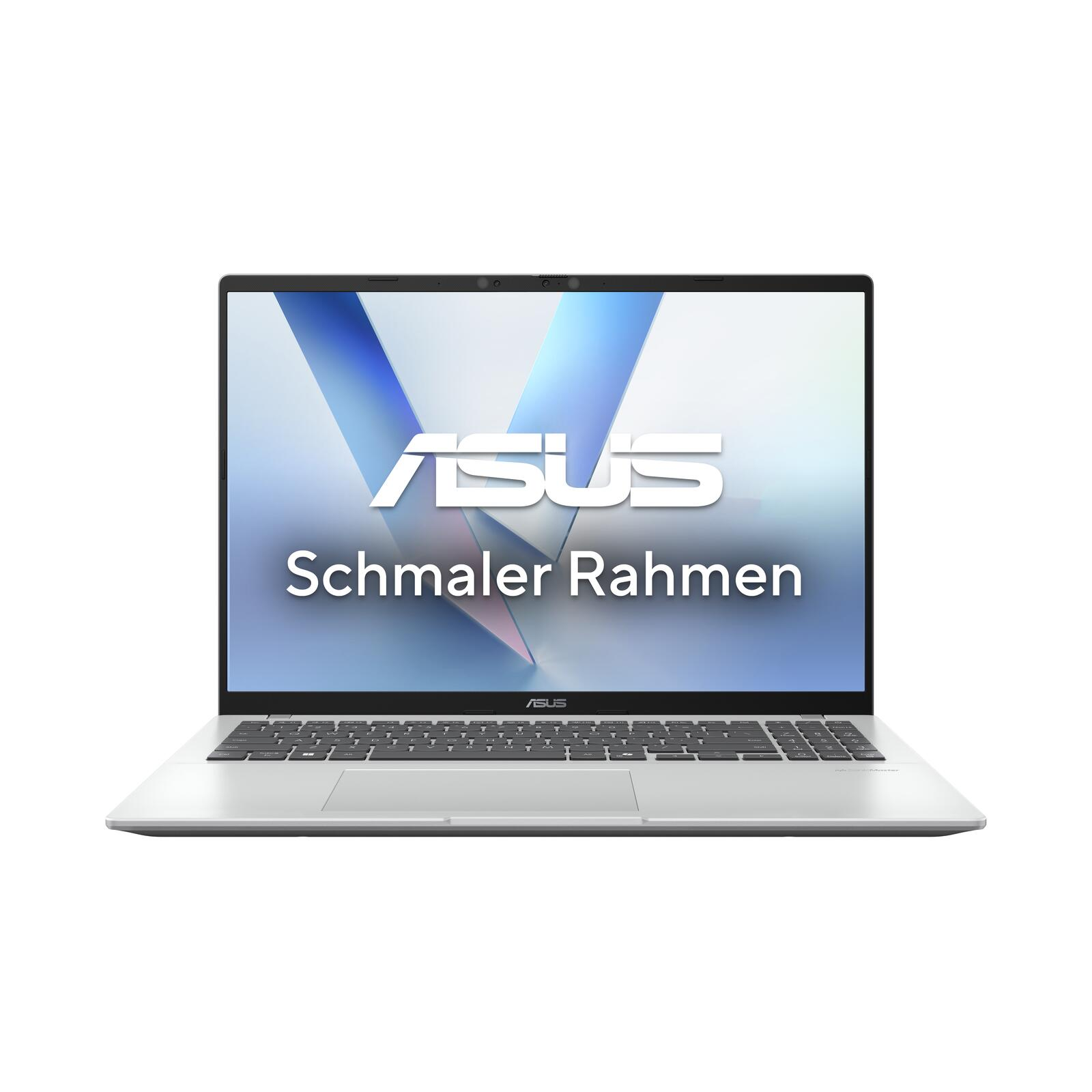 Laptop z tekstem 'ASUS Schmaler Rahmen' na ekranie. Srebrna obudowa, białe tło.