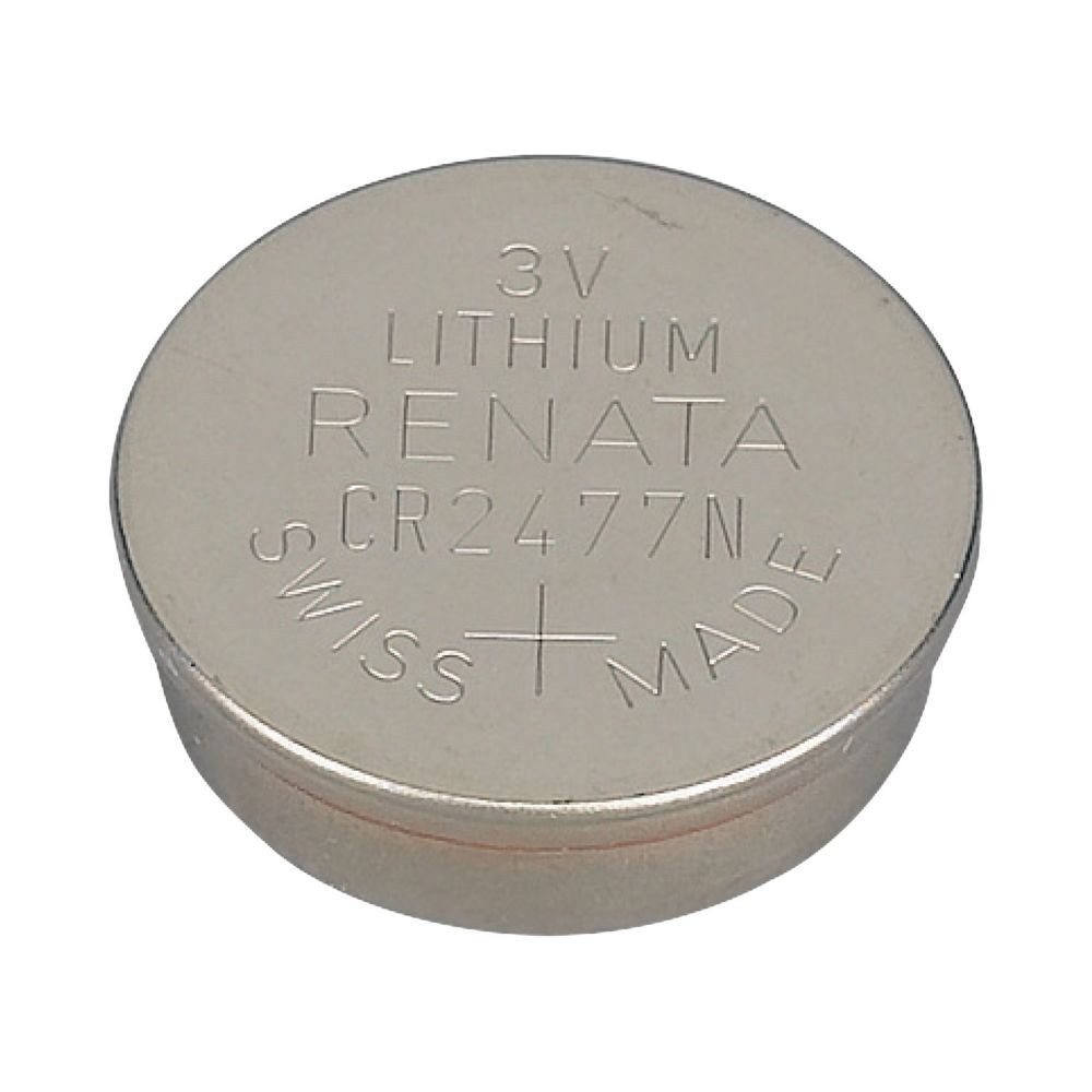 Silberne, runde Batterie mit Text. Liest: 3V Lithium Renata CR2477N Swiss Made. Weißer Hintergrund.