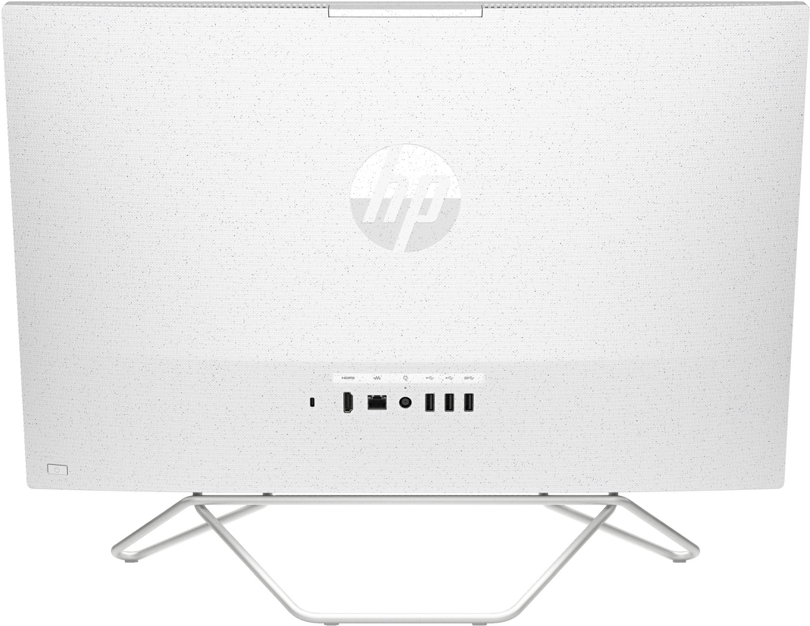 Tył białego komputera HP all-in-one, pokazujący porty i logo HP, na białej powierzchni.