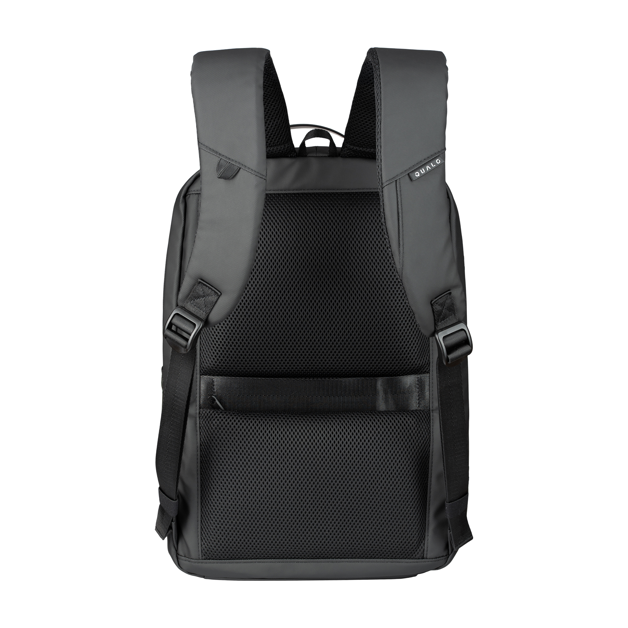 Plecak z czarnym tyłem z siatki i paskami. Czarna kieszeń. Białe tło.