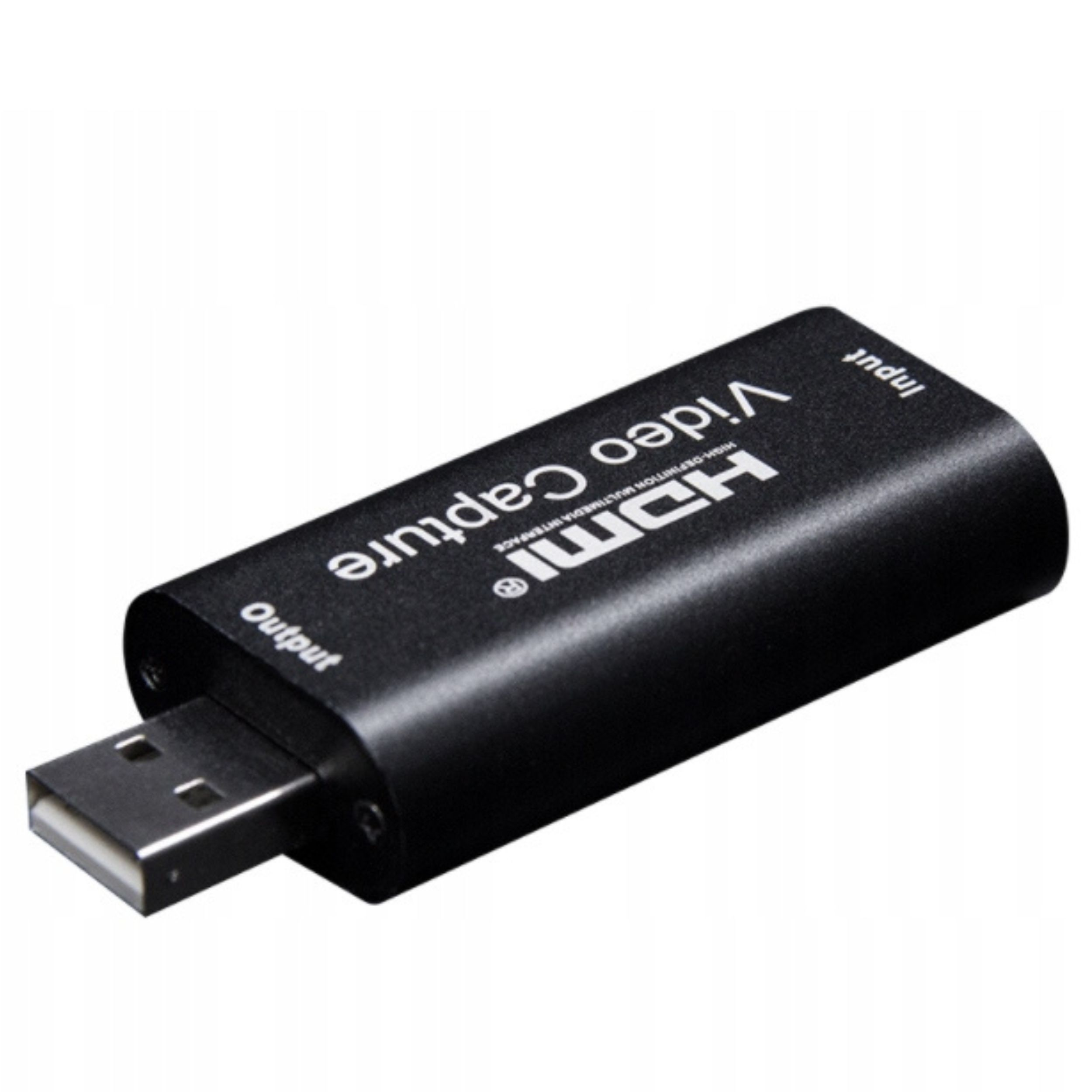 Czarne urządzenie do przechwytywania wideo HDMI. Posiada porty wejścia i wyjścia oraz logo HDMI.