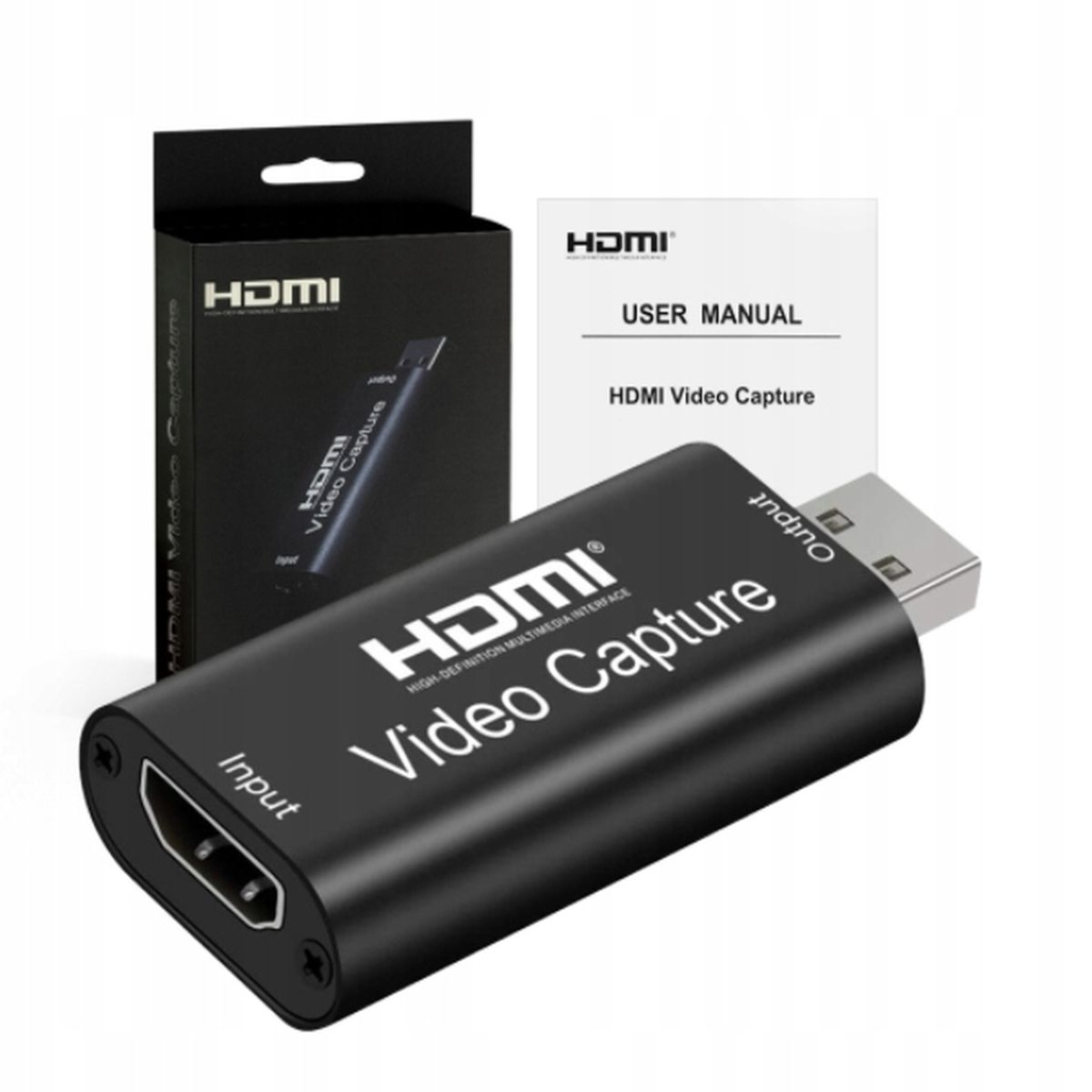 Urządzenie do przechwytywania wideo HDMI z pudełkiem i instrukcją. Białe tło.
