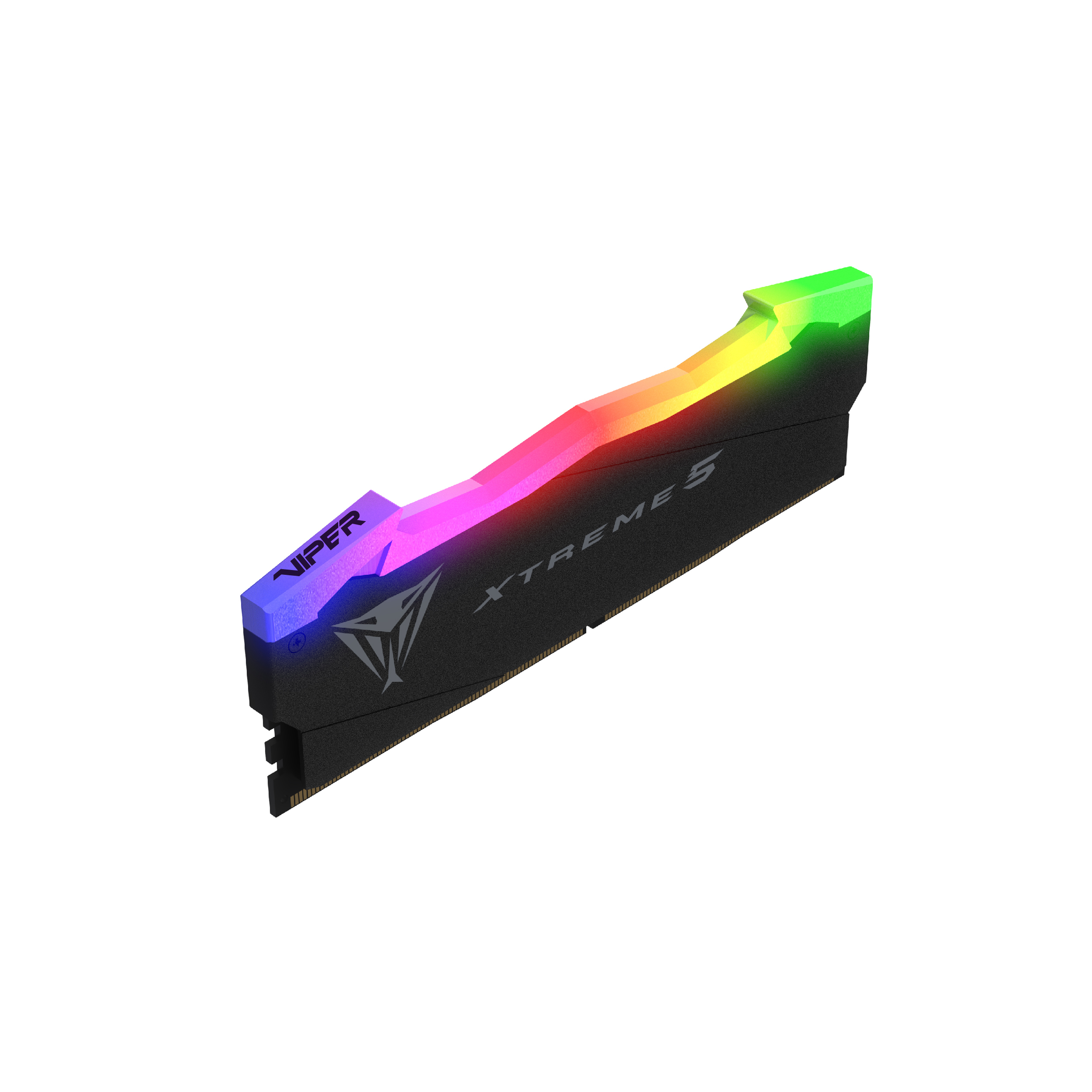 RAM-Speicherriegel mit schwarzem Gehäuse und bunten LED-Leuchten. Die Lichter haben einen Regenbogeneffekt.