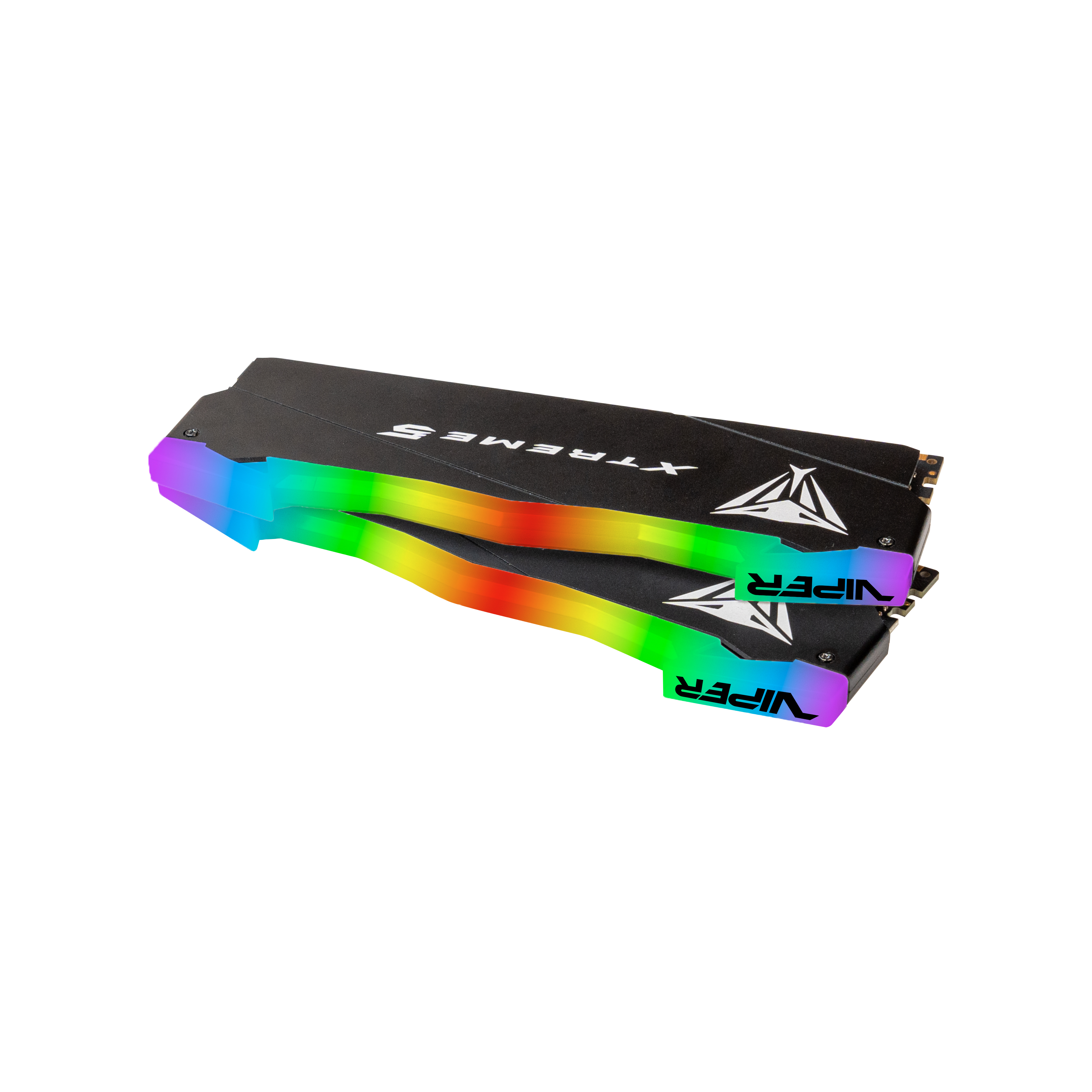 Zwei RAM-Speicherriegel mit bunten Lichtern. Sie sind schwarz und die Lichter haben einen Regenbogeneffekt.