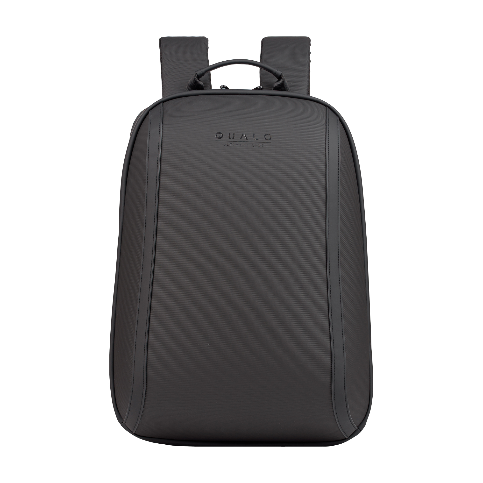Czarny plecak o eleganckim designie. Posiada logo QUALO. Tło jest białe.