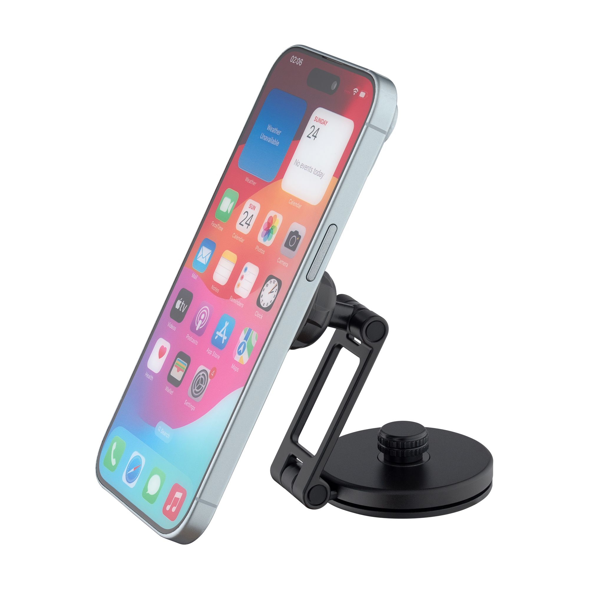 Czarny telefon na stojaku, z ekranem pokazującym ikony aplikacji i pogodę. Odizolowany.