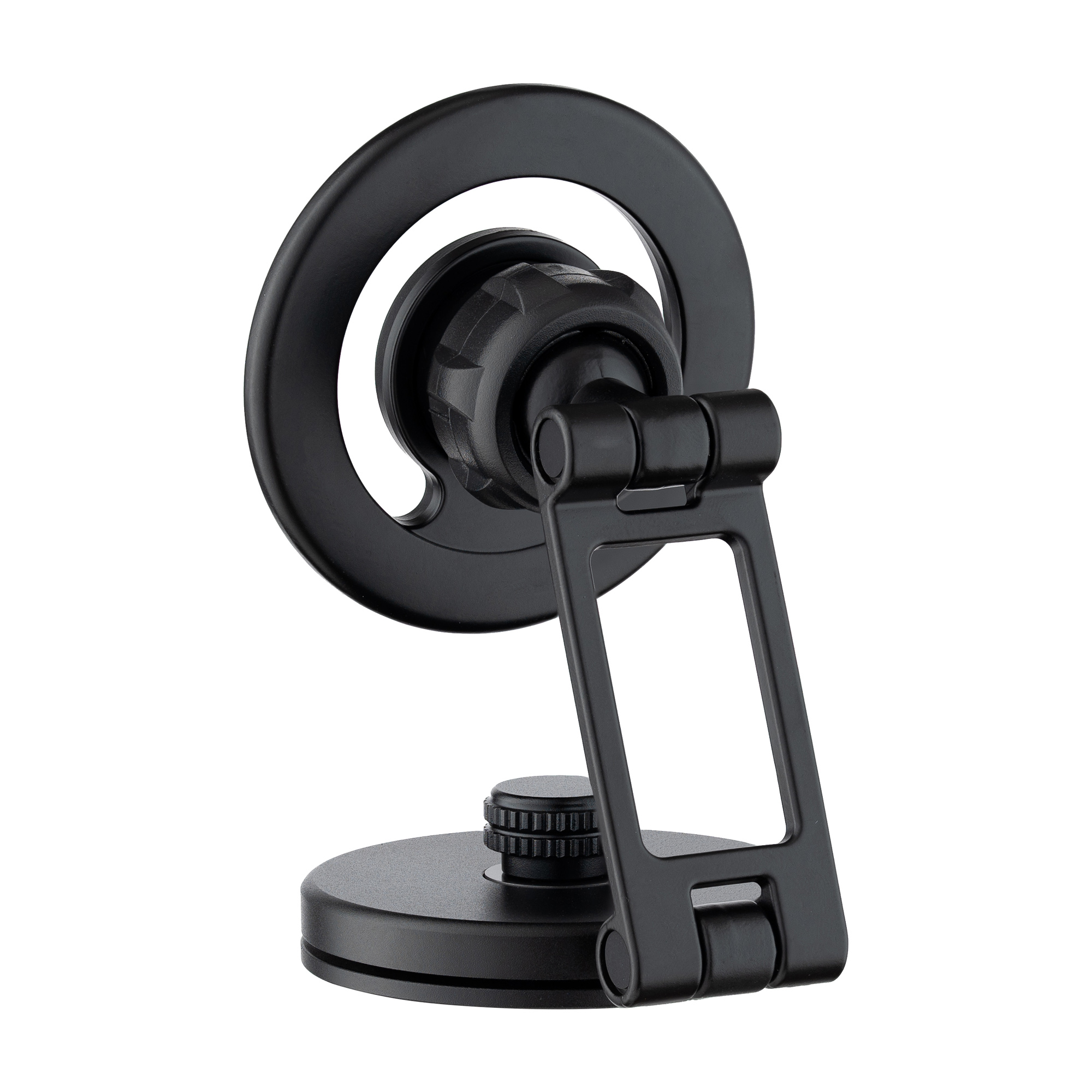 Czarny uchwyt do telefonu z okrągłym uchwytem i regulowanym ramieniem. Białe tło.