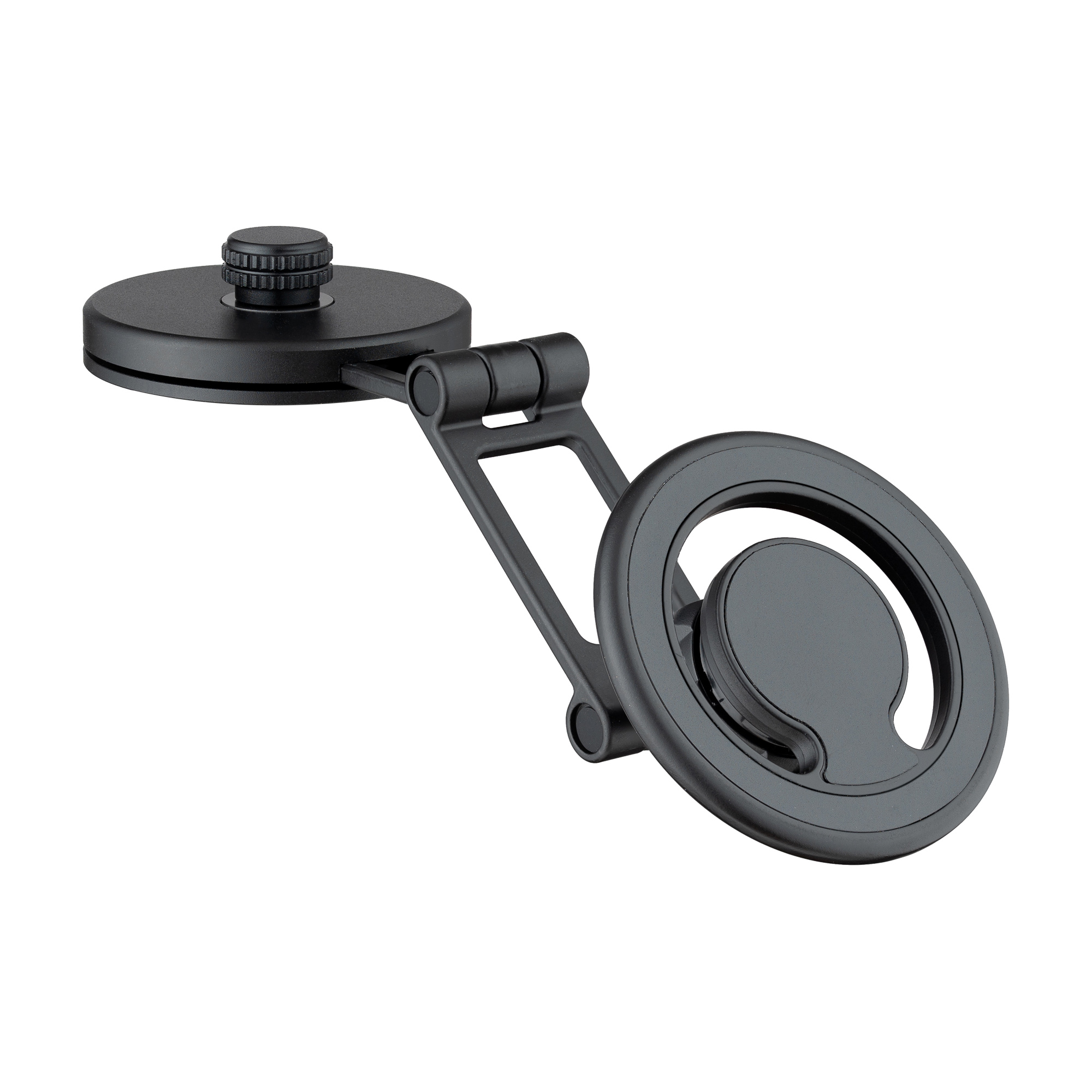 Czarny uchwyt do telefonu z okrągłym uchwytem i regulowanym ramieniem. Białe tło.