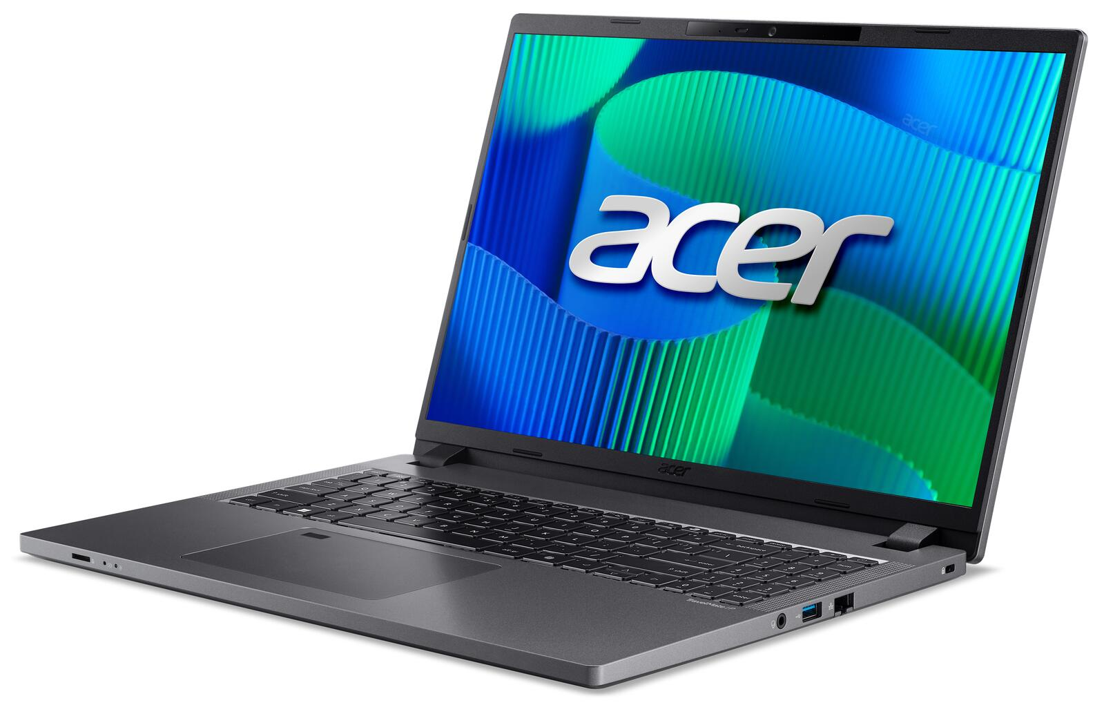 Szary laptop Acer, otwarty, pokazujący logo Acer na ekranie. Odizolowany.