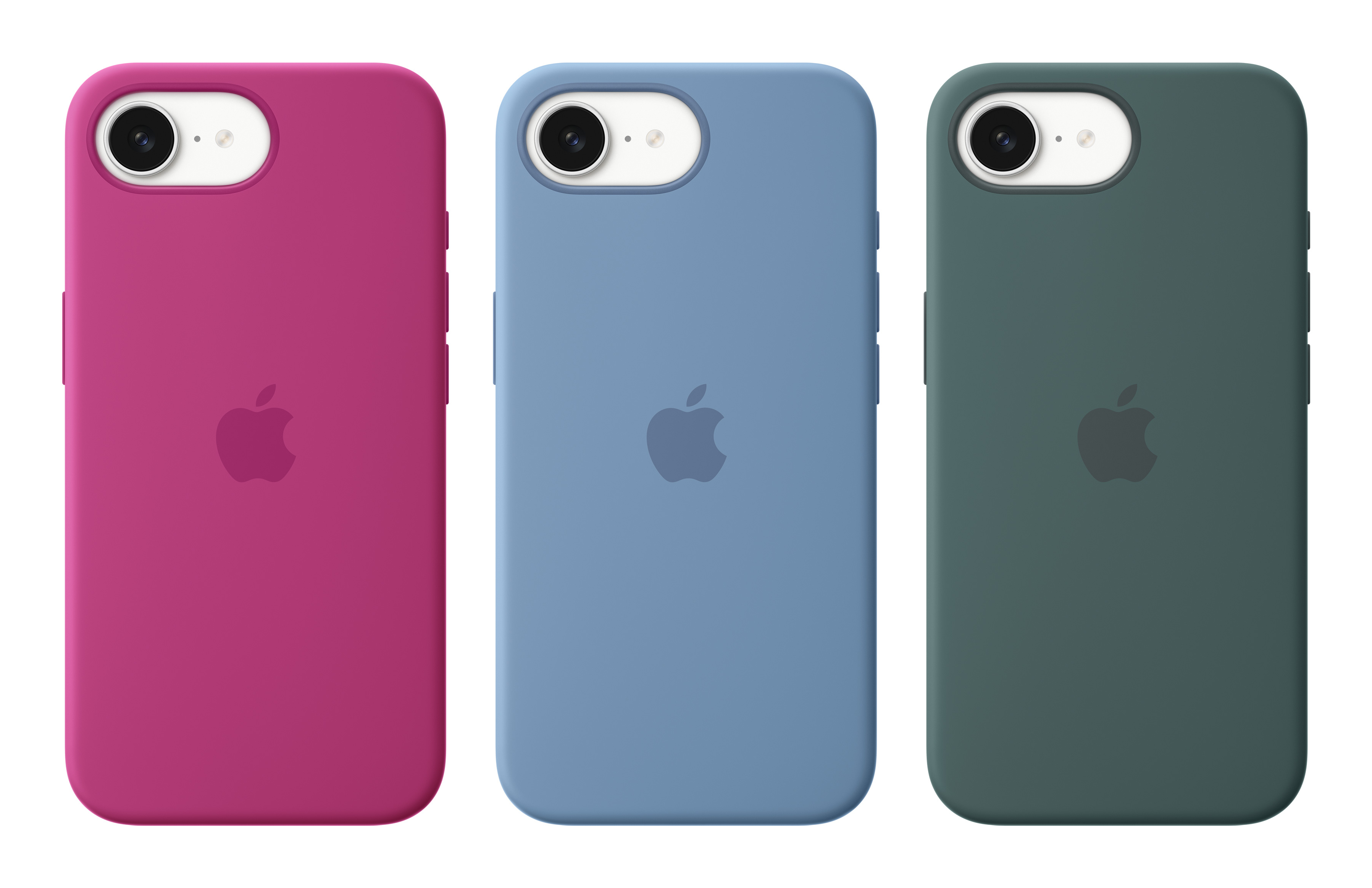 Trzy etui na telefon Apple w kolorze różowym, niebieskim i zielonym. Odizolowane.