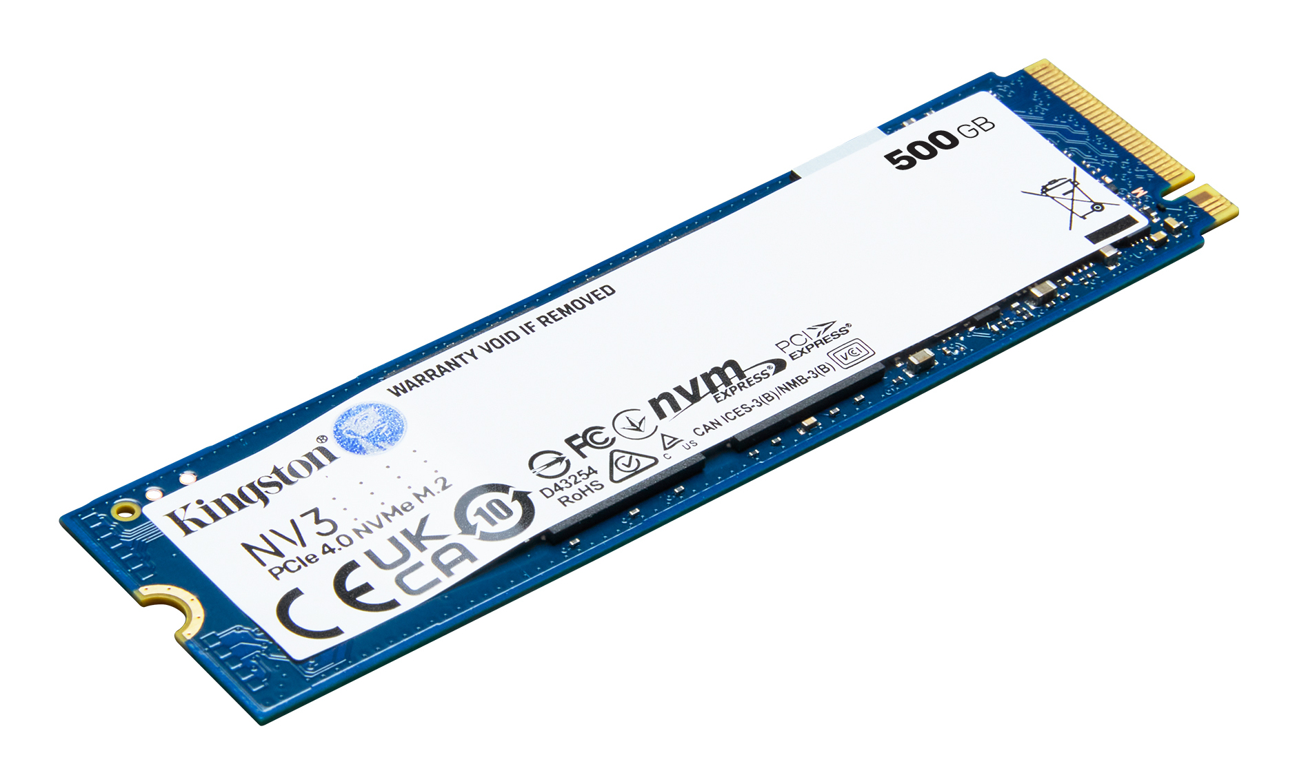 SSD Kingston NV3 PCIe 4.0 NVMe M.2 azul sobre fondo blanco.
