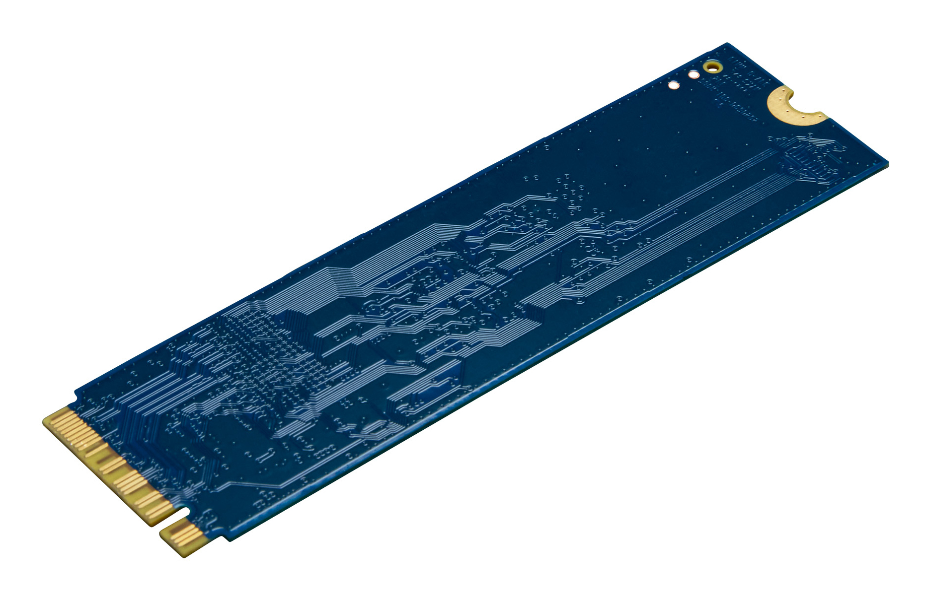 Parte trasera de la SSD Kingston NV3 PCIe 4.0 NVMe M.2 azul sobre fondo blanco.