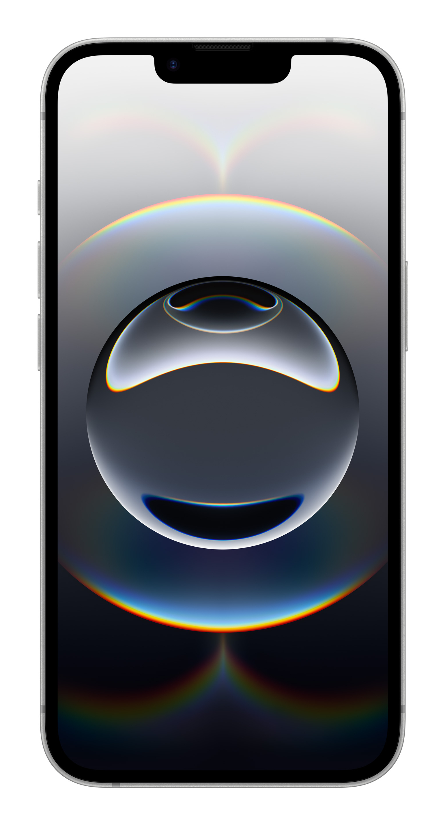 Smartfon z ekranem pokazującym sferę z odbiciami, białe tło.