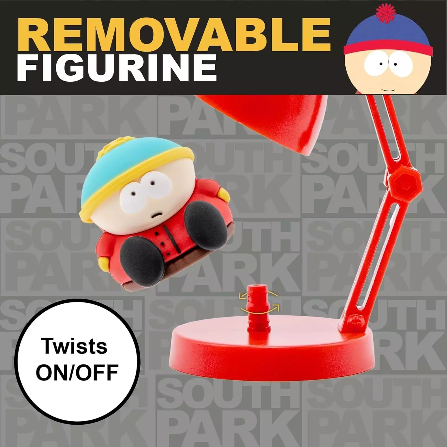 Una lámpara de escritorio roja con una figura removible de Cartman, parte de un set coleccionable de South Park.
