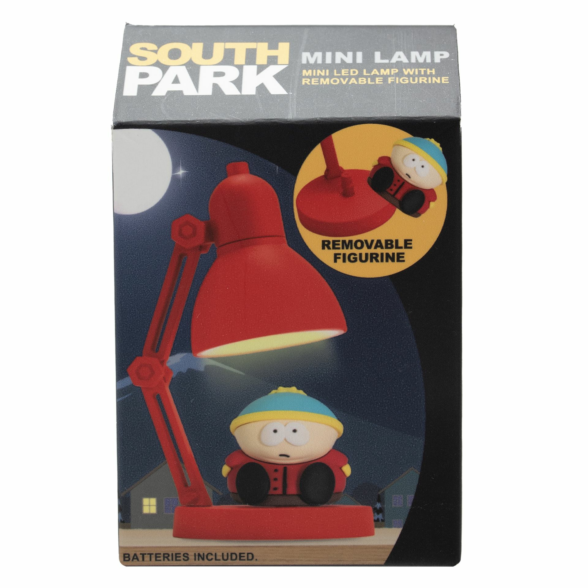 Caja con una mini lámpara de South Park. La lámpara es roja y la figura es Cartman. Pilas incluidas.