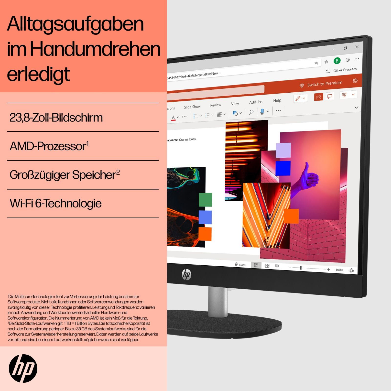 Monitor komputera wyświetla stronę internetową z tekstem i obrazami, w tym dłonią z uniesionym kciukiem.