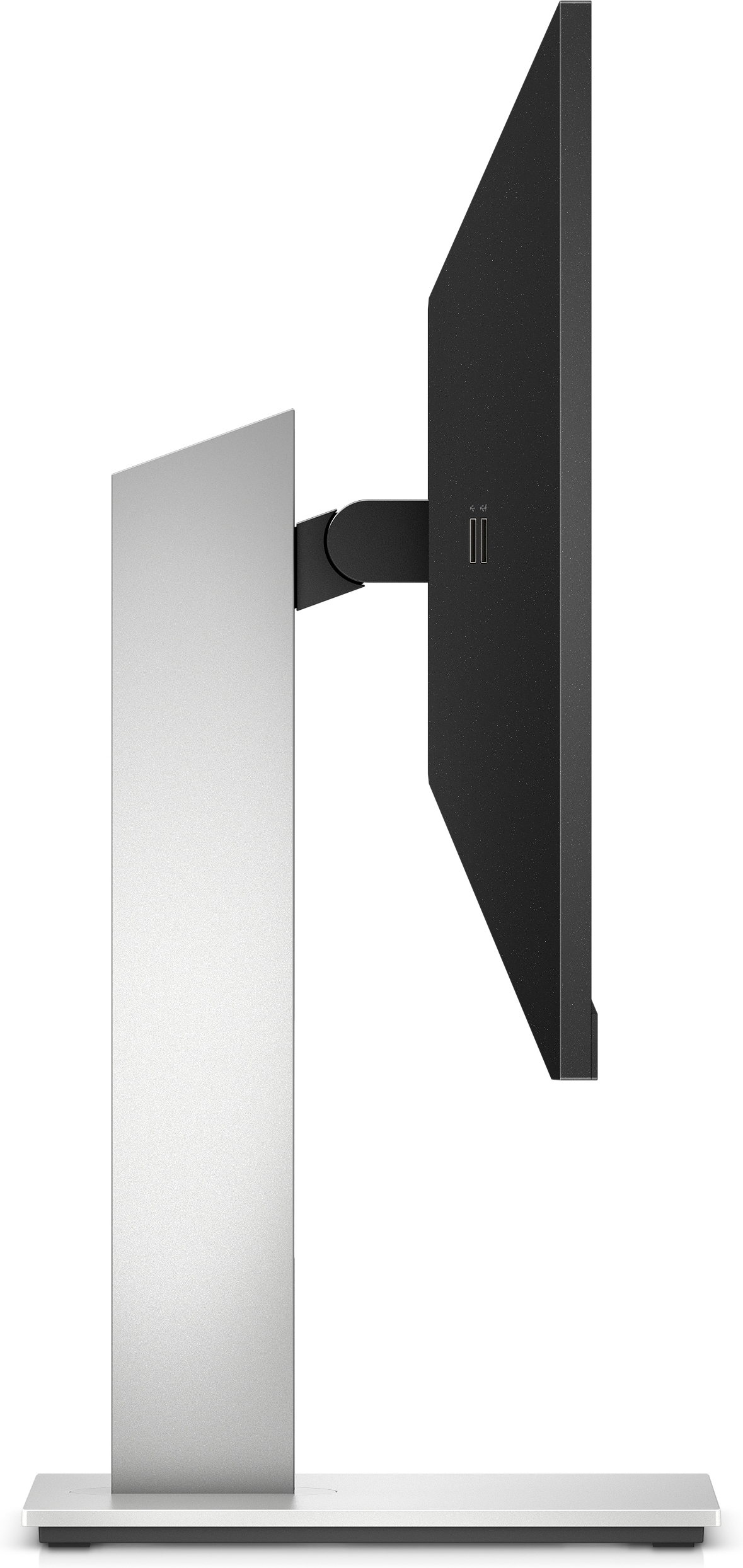 Un monitor per computer di profilo, che mostra il supporto, un retro nero e una cornice sottile, su sfondo bianco.